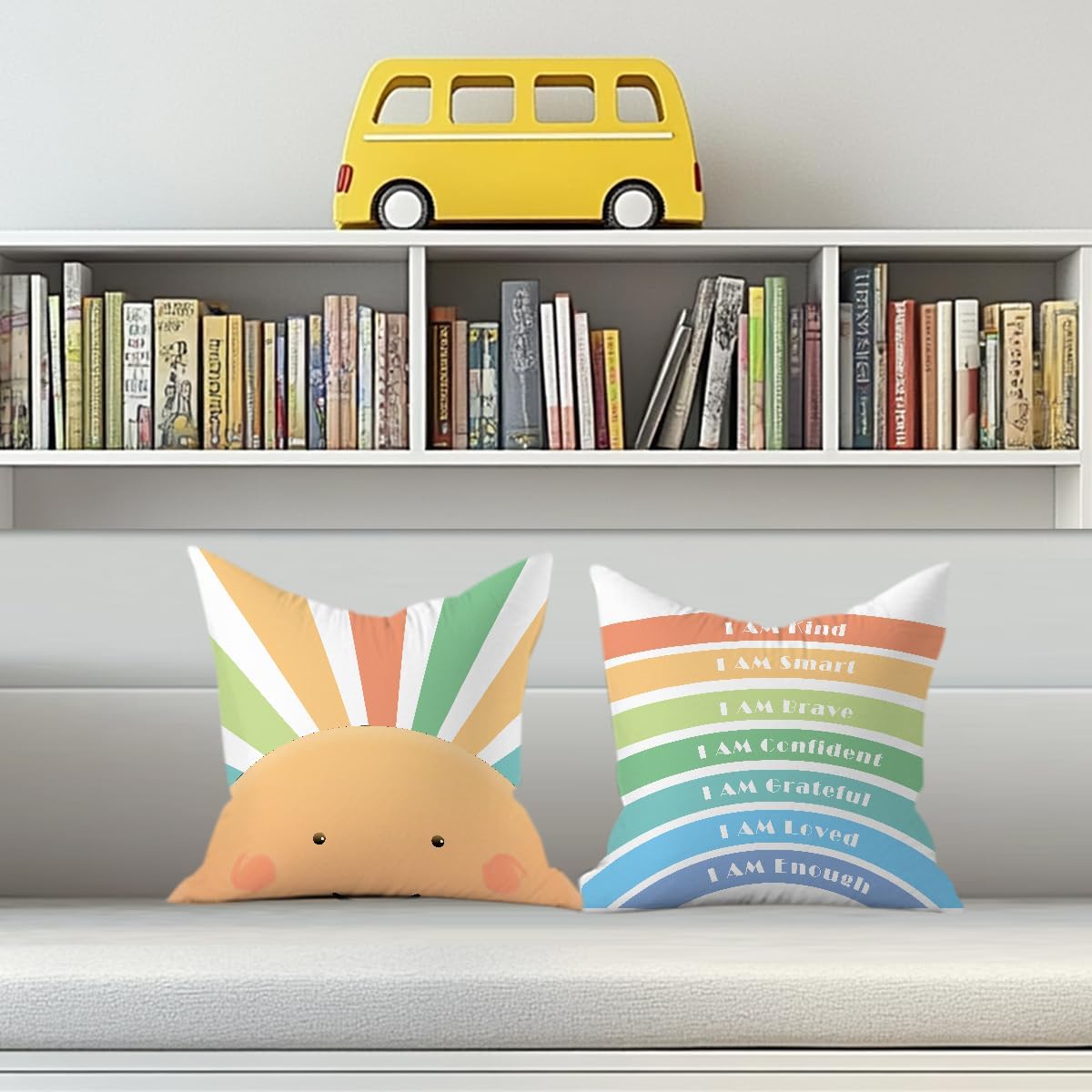 2PCs Inspirational Pillow Covers Boho Rainbow Sun Throw Pillow Covers 18x18 | Playroom Decor, Boho Sun Throw Pillow Covers, Kids Reading Nook Decor Pillowcase for Classroom Playroom Nursery BST202