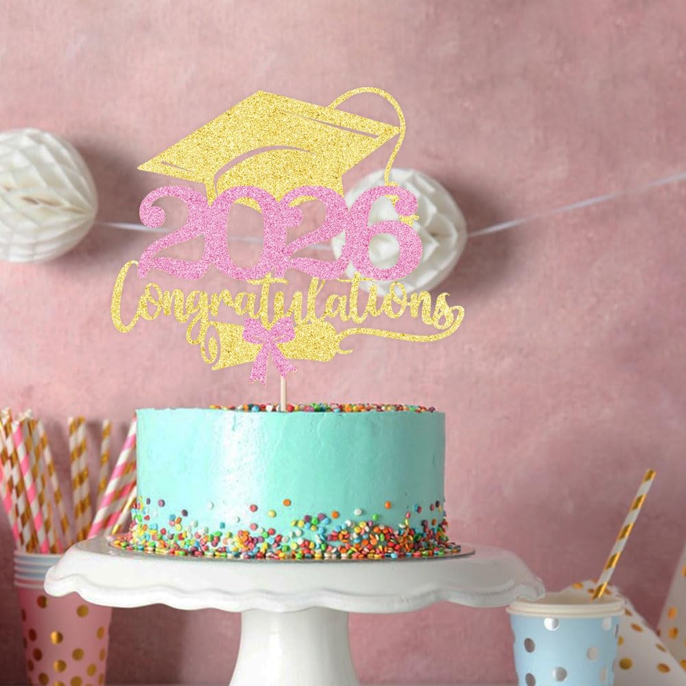 Class of 2026 Cake Topper | Gold Glitter Grad Cap Cake Pick-Boys Girls primary school High School College 2026 Graduation Theme Party Cake Decor Supplies BST202