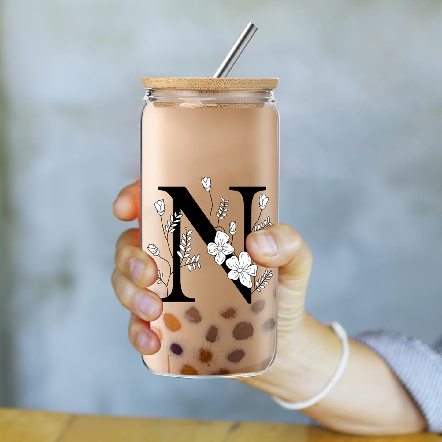 Monogrammed Initial Glass Cup with Lids and Straws gift for Women | Personalized Gift Set with Doll, 16 Oz Ice Coffee Cup ,reusable glass tumbler,Birthday Christmas Gift for Her,U WN420