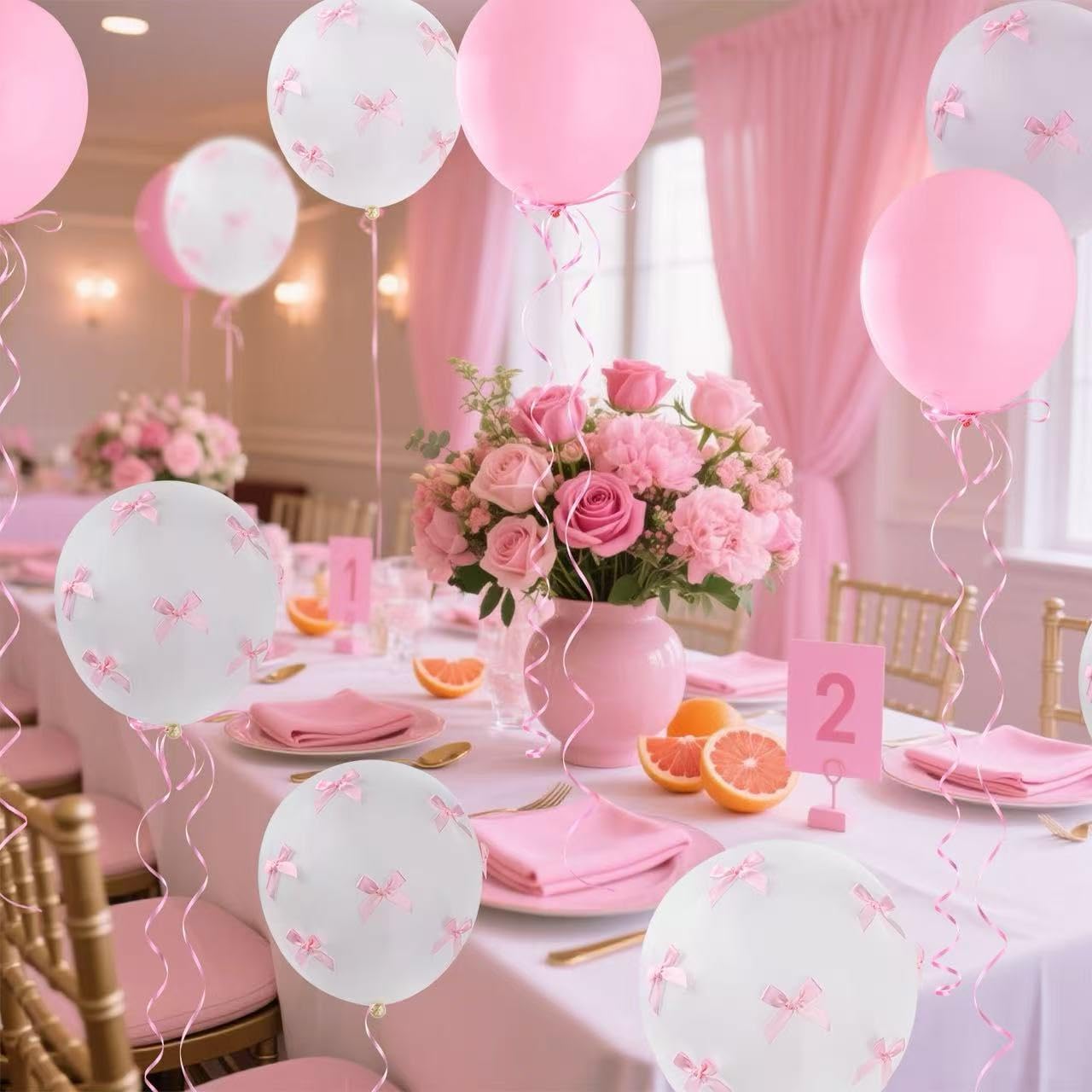 Pink Bow Balloons，32Pcs White Pink Balloons (18" & 12") & 100Pcs Mini Ribbon Bows DIY Bow Balloon Party Decor for Birthday, Wedding, Bachelorette, Anniversary Parties，Coquette Birthday Decorations BST326L