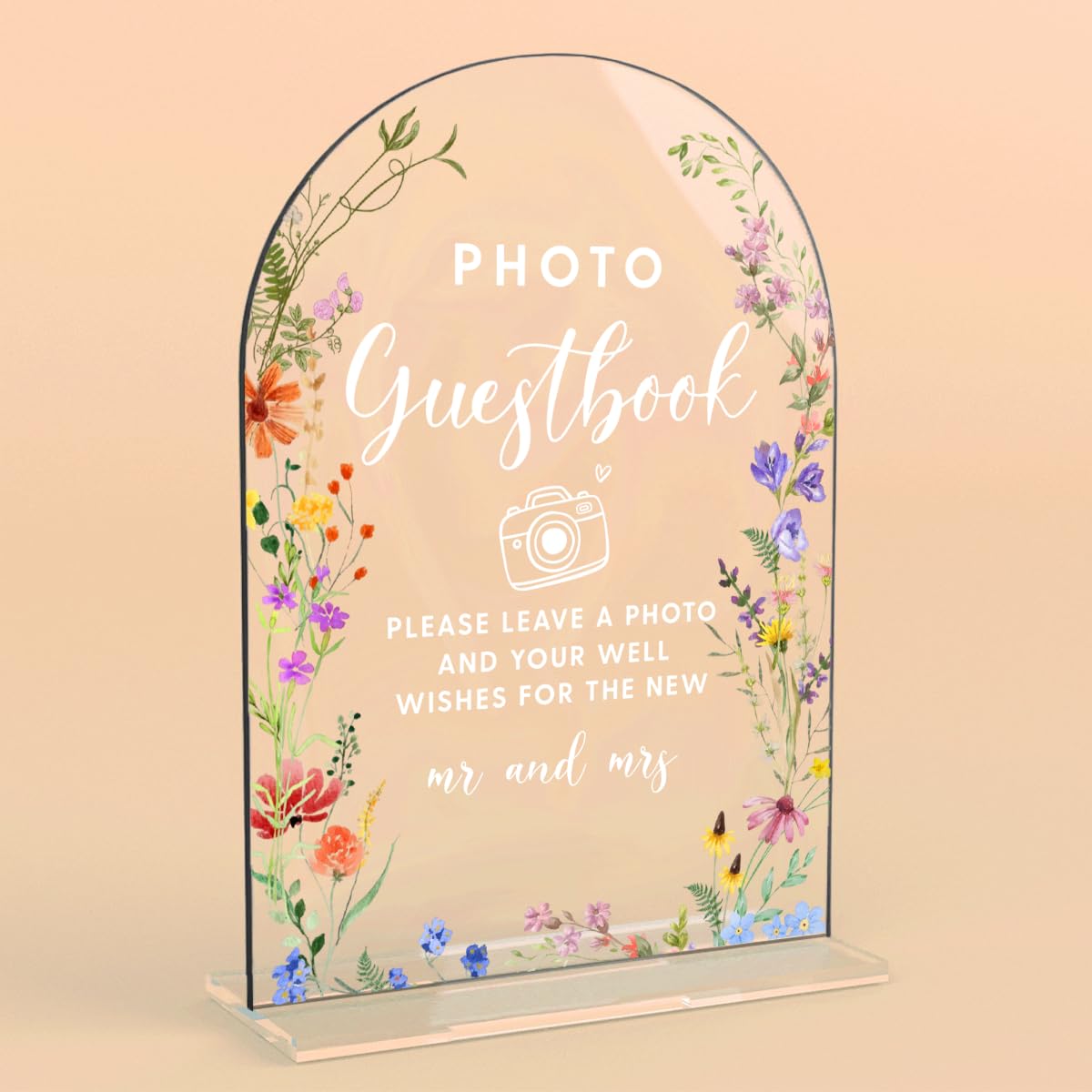 Acrylic Wedding Signs, Pick A Card Signs for Marriage Reception, Bridal Shower Decorations, Modern Arched Round Top Acrylic Table Top Sign with Holder for Wedding Party Dinner (Clear Wildflowers) BST326L