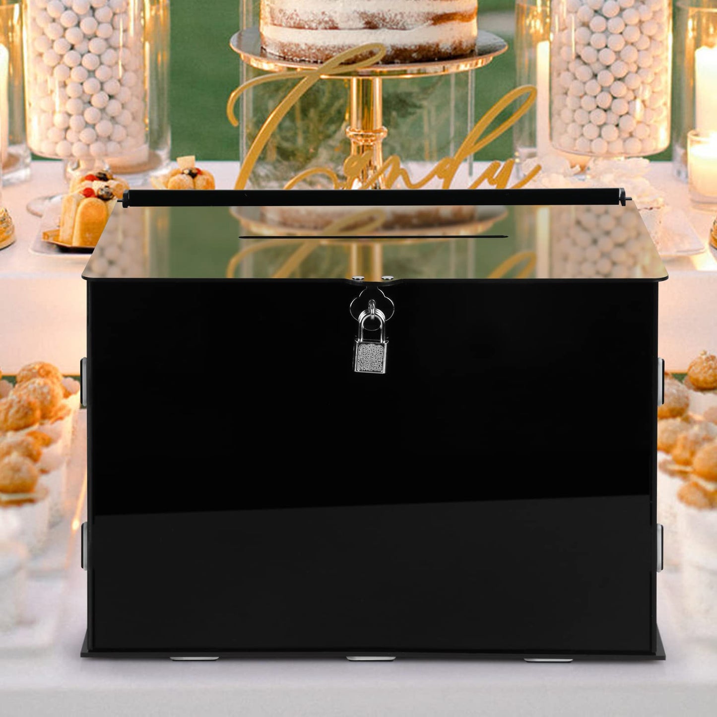 Fowecelt Acrylic Wedding Card Box with Lock Black Card Box DIY Large Rustic Card Box for Wedding Reception Bridal Shower Birthday Baby Shower Party Graduation Decorations (10x10x10 Inch) BST326H