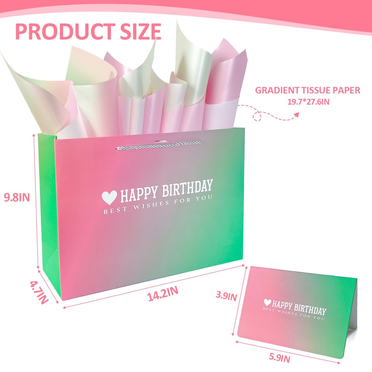 Kecorax Birthday Gift Bag for Women, 14" Large Birthday Bags Set for Girls with Tissue Paper, Card and Ribbons, Suitable for Birthday-themed Parties BST220