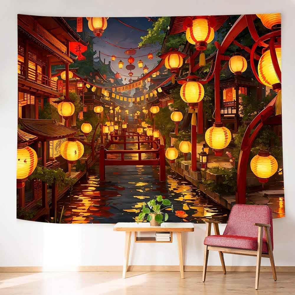 Ine Ive Japanese Tapestry Wall Hanging Large Size 93x71 Inch | Traditional Japan Streets filled with lanterns tapestry for Bedroom Living Room Dorm Office Restaurant Wall Decor BST202