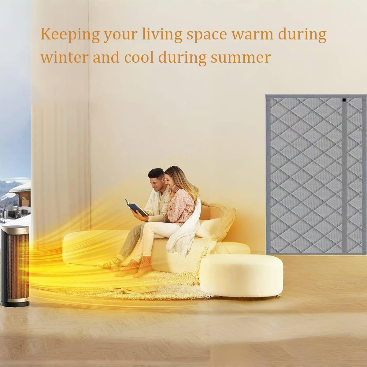 Thermal Door Curtain Fits Doors Size 38"x80"，Curtain Size 41"x82", Magnetic Insulated Curtain Side Open Keep Warm in Winter Cool in Summer,Diamond Pattern,Gray WN420