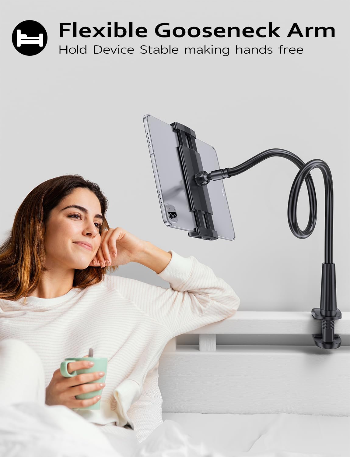 Tryone Gooseneck Kindle&Tablet Holder for Bed Hands-Free Reading on Bed Headboard for iPad, Kindle, and Switch, Flexible 30in Al-Mg Alloy Clamp Arm Stand for Tablets 4.7-10.5 in, Phone - Black - 30in DD1210