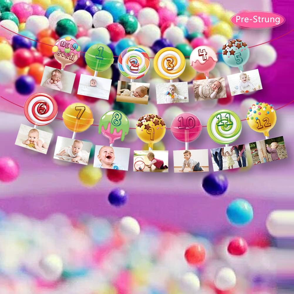 Candyland 1st Birthday Baby Photo Banner for Newborn to 12 Months, Monthly Milestone Photograph Bunting Garland, First Birthday Celebration Decoration (Candyland) BST326L