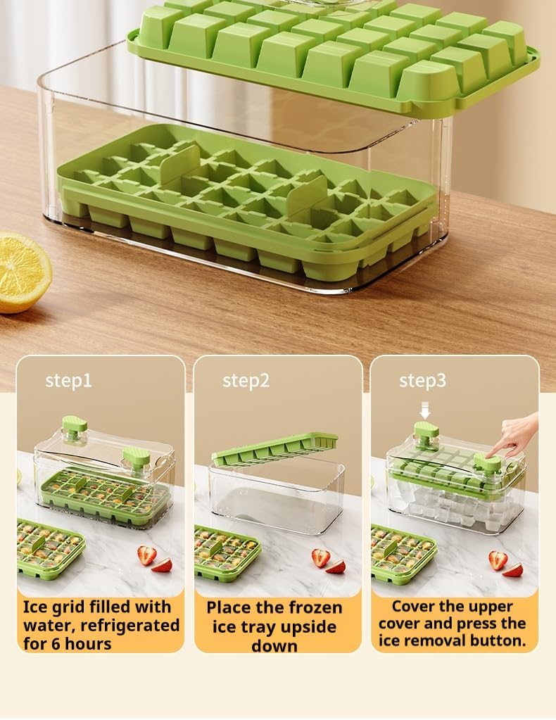 Transparent green double press ice box - large capacity plastic ice tray for families and gatherings, easy to clean, safe and hygienic, leak proof and slip resistant design BST220