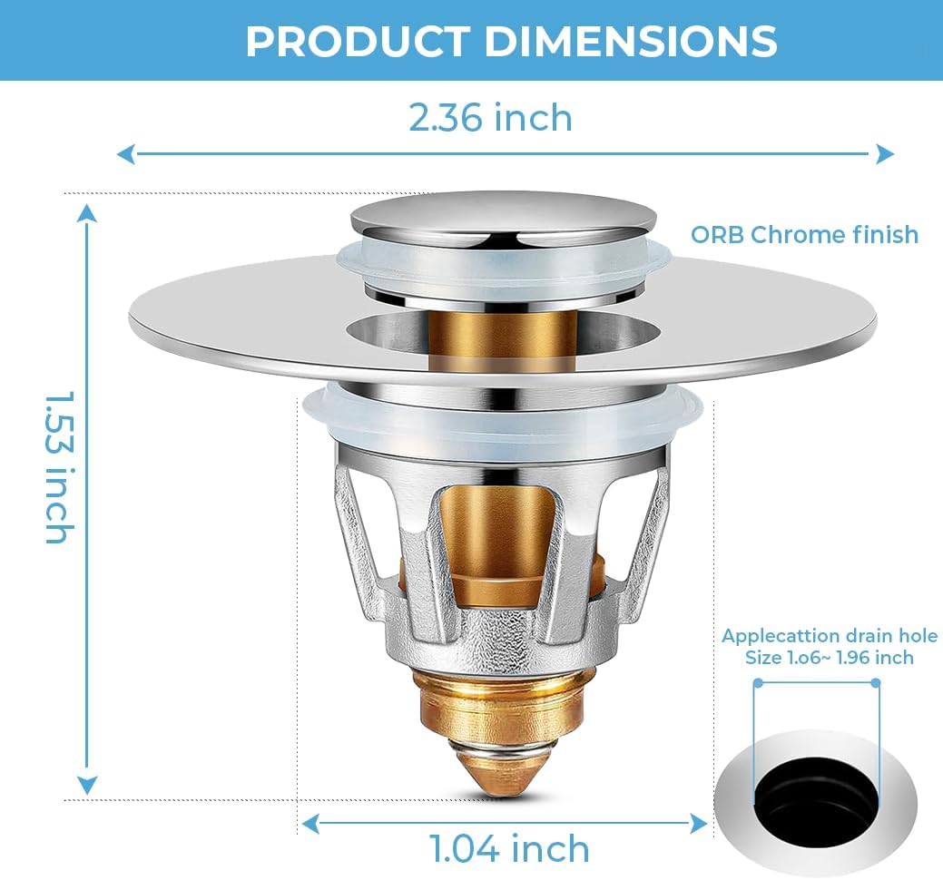 Universal Bathroom Sink Stopper | Pop Up Bathroom Sink Drain Strainer Plug for 1.06"-1.96" Basin Drain Holes | Rust-Proof Stainless Steel Sink Drain Stopper WN420