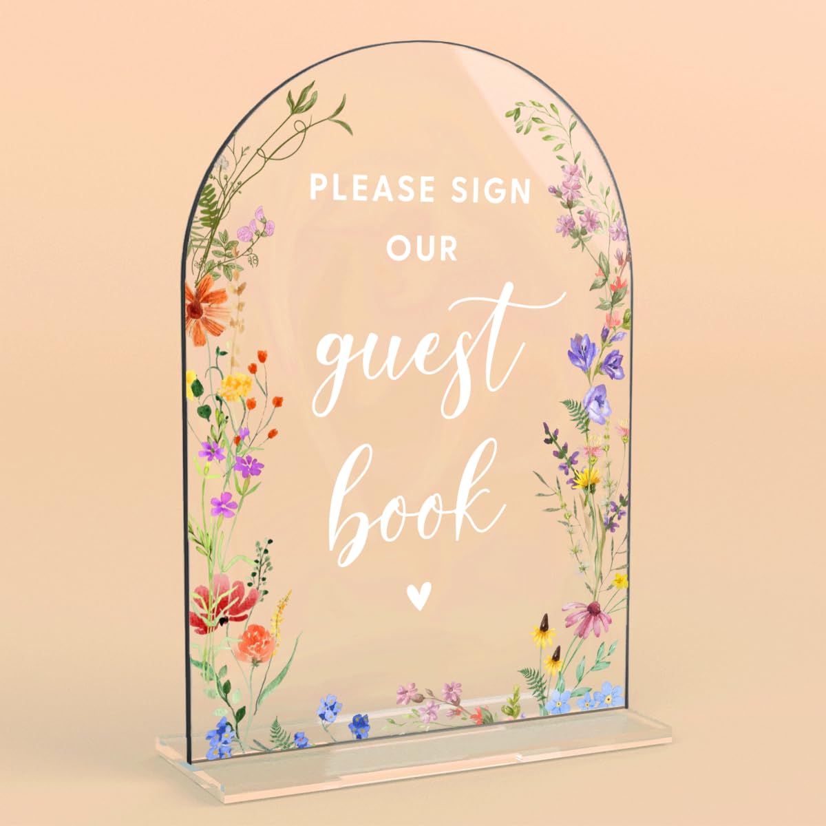 Acrylic Wedding Signs, Pick A Card Signs for Marriage Reception, Bridal Shower Decorations, Modern Arched Round Top Acrylic Table Top Sign with Holder for Wedding Party Dinner (Clear Wildflowers) BST326L