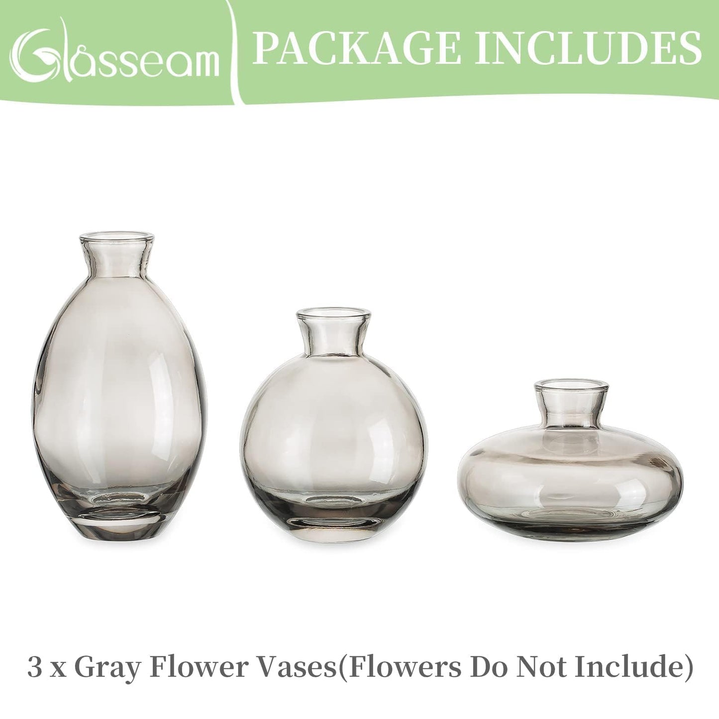 Glasseam Clear Glass Bud Vase, 3Pcs/Set Modern Decorative Small Mini Flowers Vases Short Minimalist Aesthetic Home Decor Vintage Cute Handmade Tiny Wedding Table Centerpieces for Single Flower Rose BST326H