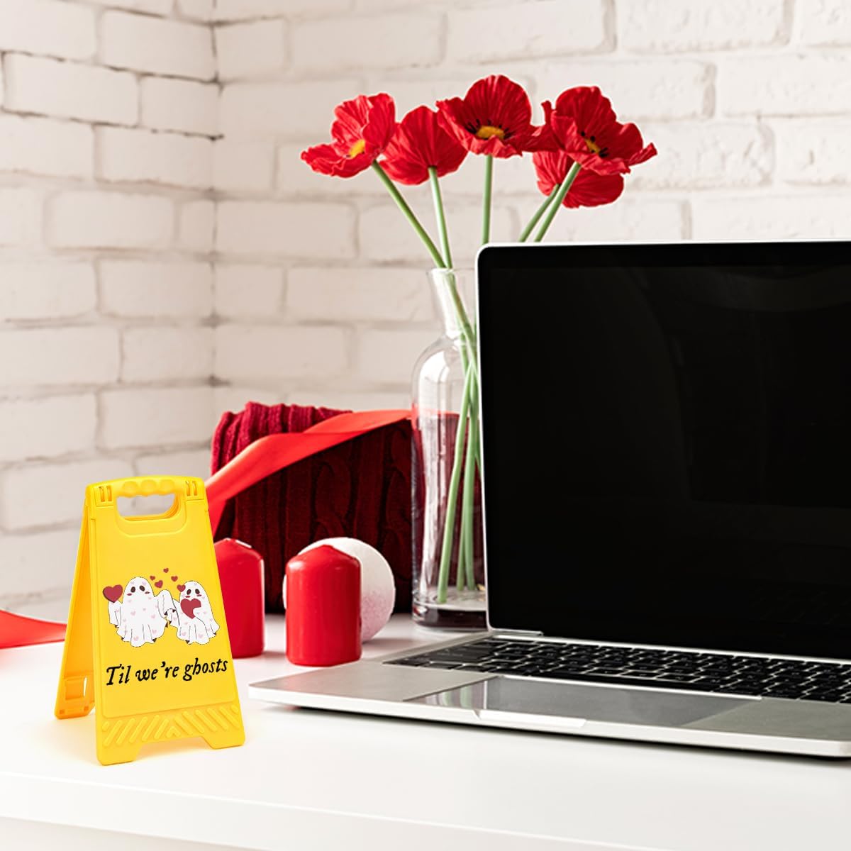 Cute I Love You Valentine's Day Til We're Ghosts Desk Sign Yellow Warning Style Table Decor Valentine's Day Gift for Boyfriend Girlfriend Husband Wife Tabletop Cubicle Phone Holder Mirror Stand BST202