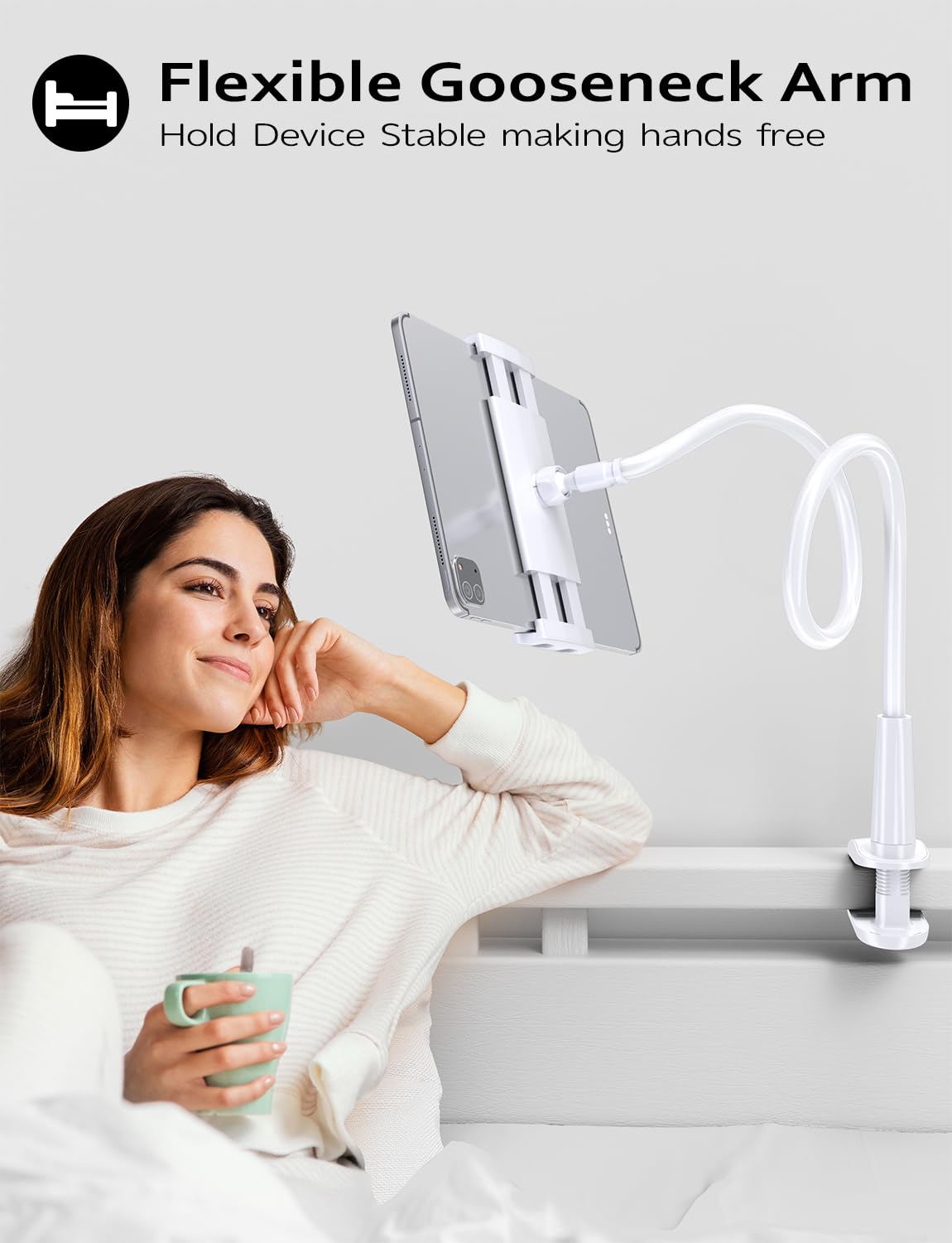 Tryone Gooseneck Kindle&Tablet Holder for Bed Hands-Free Reading on Bed Headboard for iPad, Kindle, and Switch, Flexible 30in Al-Mg Alloy Clamp Arm Stand for Tablets 4.7-10.5 in, Phone - Black - 30in DD1210