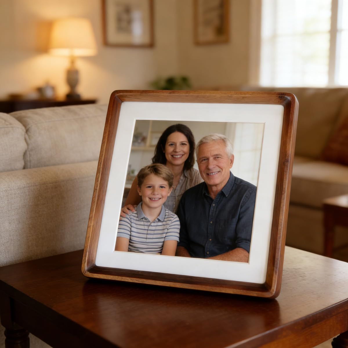 8x8 Solid Wood Picture Frame with Mat, Walnut Wooden Photo Frame with Tempered Glass, Tabletop or Wall Mounted Display BST220