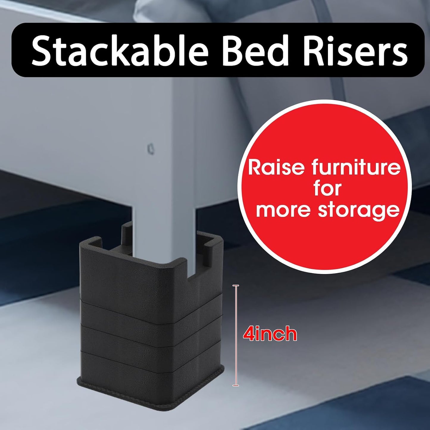 MYMULIKE Bed Risers 6 Pack, 4 inch Bed Lifts Risers for Casters Wheel, Adjustable Height 2, 3 or 4 inch Heavy Duty 6000lbs Bed Furniture Risers for Bed Frame, Furniture, Table, Black BST202