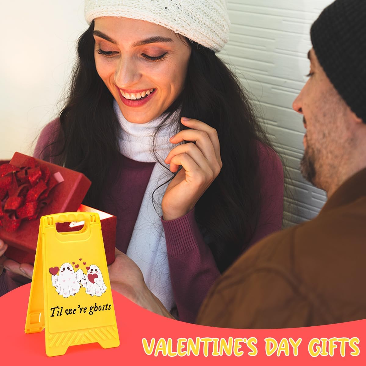 Cute I Love You Valentine's Day Til We're Ghosts Desk Sign Yellow Warning Style Table Decor Valentine's Day Gift for Boyfriend Girlfriend Husband Wife Tabletop Cubicle Phone Holder Mirror Stand BST202