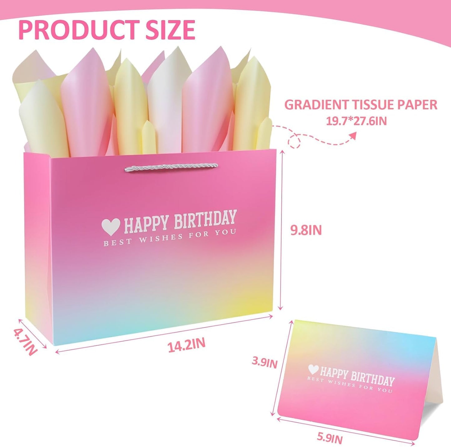 Kecorax Birthday Gift Bag for Women, 14" Large Birthday Bags Set for Girls with Tissue Paper, Card and Ribbons, Suitable for Birthday-themed Parties BST220