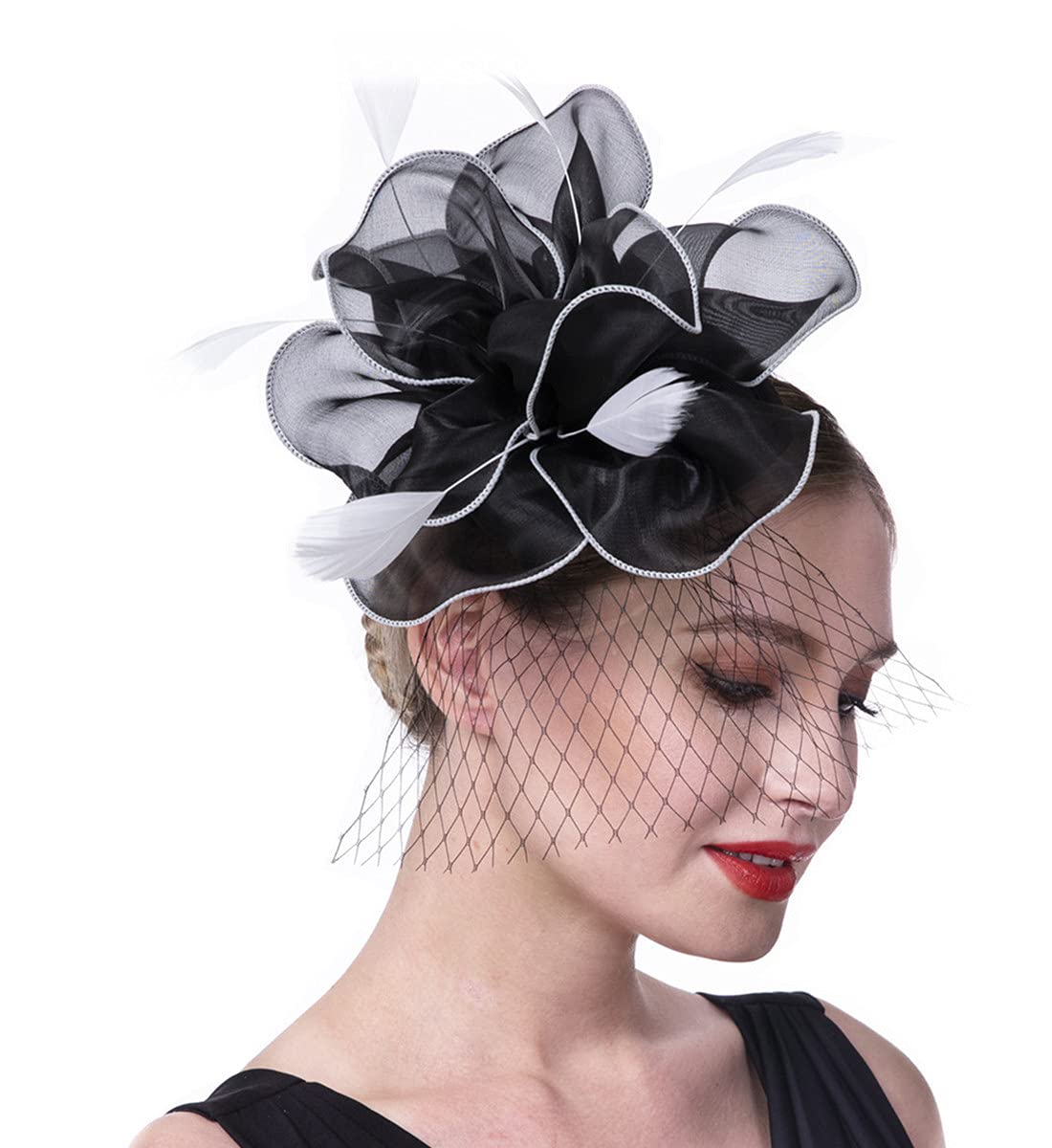 SAFERIN Fascinators Hat Flower Mesh Ribbons Feathers on a Headband and a Clip Tea Party Headwear for Girls and Women WN420