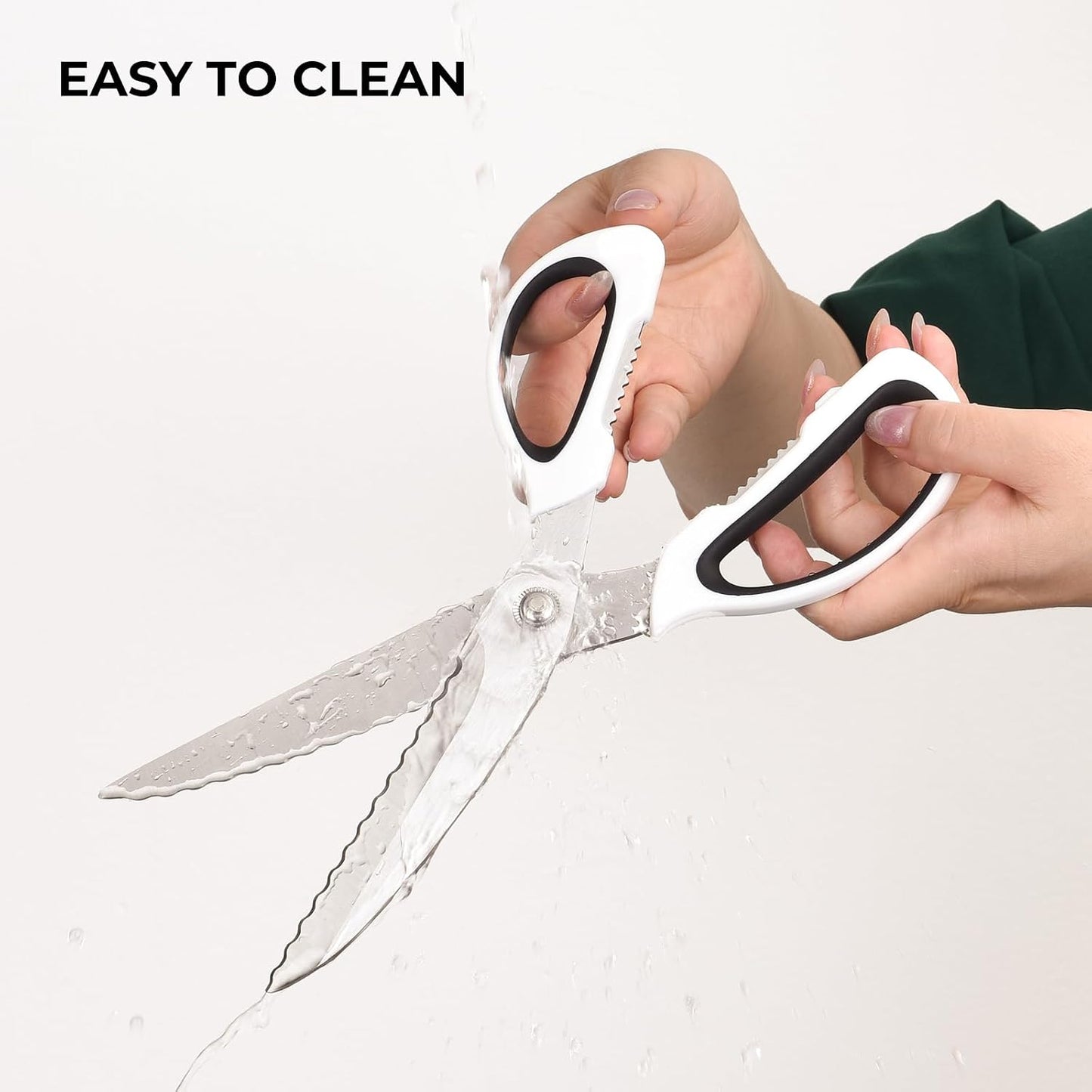 Kitchen Scissors with Ripple Blade Design, Ergonomic White Handles, Stainless Steel (Red) BST326H