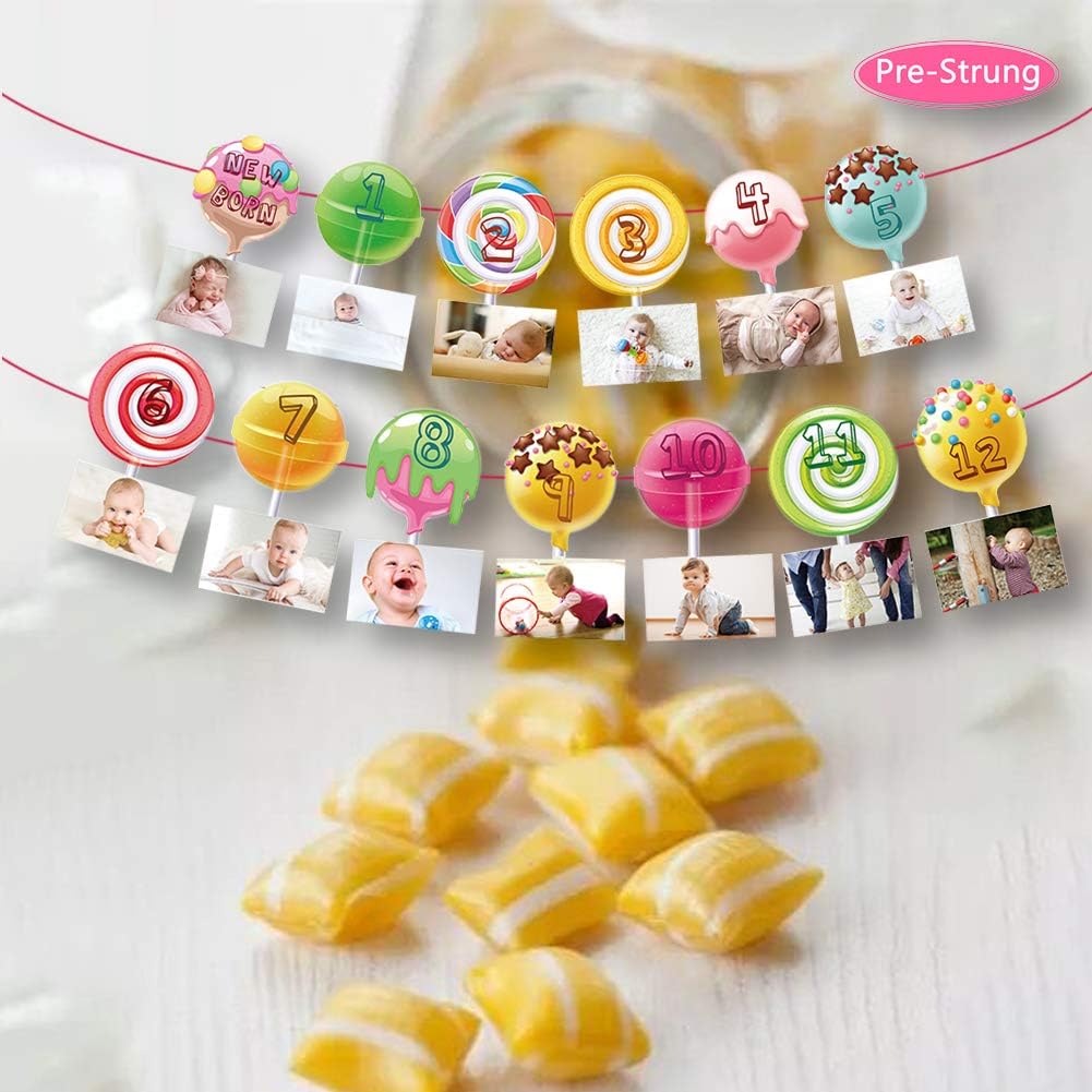 Candyland 1st Birthday Baby Photo Banner for Newborn to 12 Months, Monthly Milestone Photograph Bunting Garland, First Birthday Celebration Decoration (Candyland) BST326L