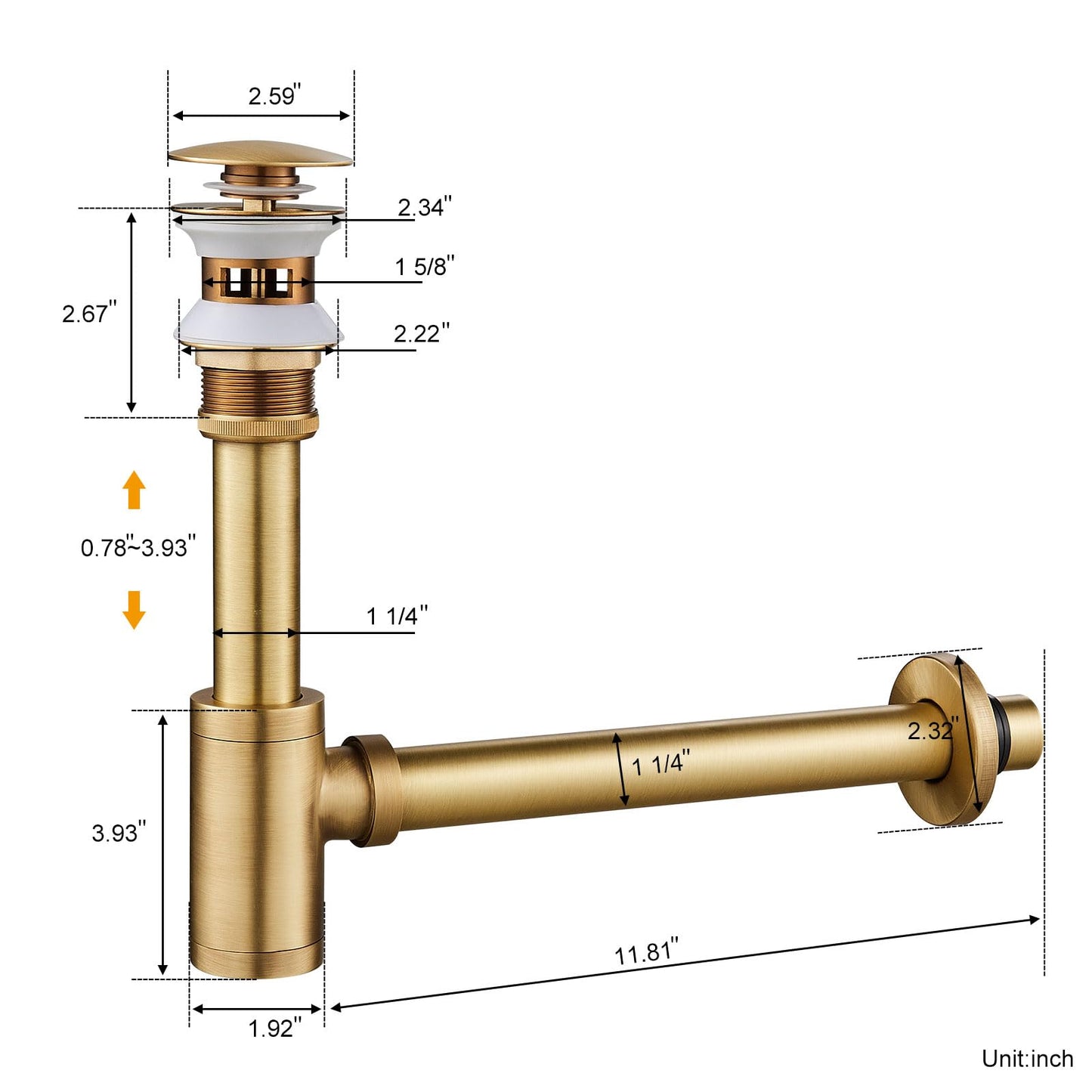 Solid Brass Adjustable 1-1/4 Bottle Trap with Overflow Drain Stopper Set, Bathroom Sink P-Trap Complete Set Sink Drain Kit Tube, Antique BST220