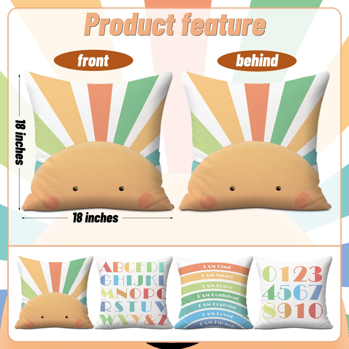 2PCs Inspirational Pillow Covers Boho Rainbow Sun Throw Pillow Covers 18x18 | Playroom Decor, Boho Sun Throw Pillow Covers, Kids Reading Nook Decor Pillowcase for Classroom Playroom Nursery BST202