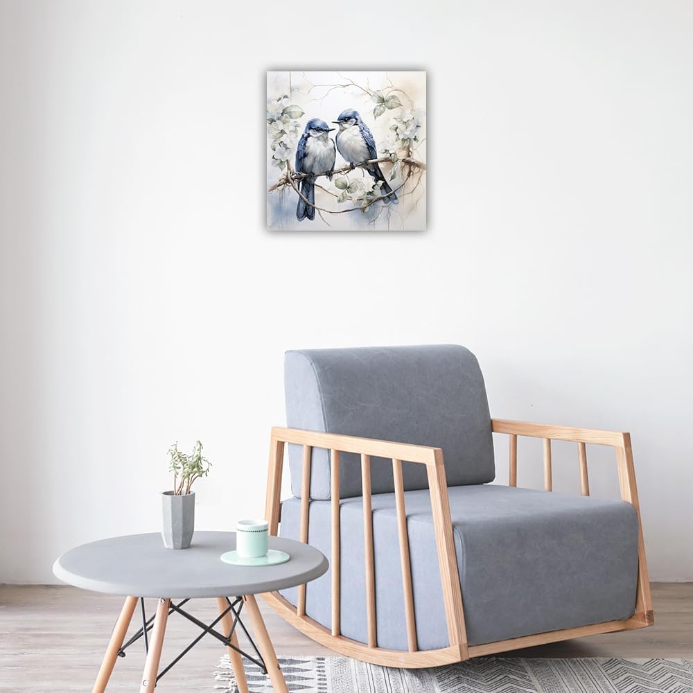 LURENCZH Bird Canvas Wall Art Blue Birds on Branch Picture Print Couple Birds Paintings for Living Room Bedroom Decor Framed Ready to Hang(Bird-3,12.00" x 12.00") BST326L