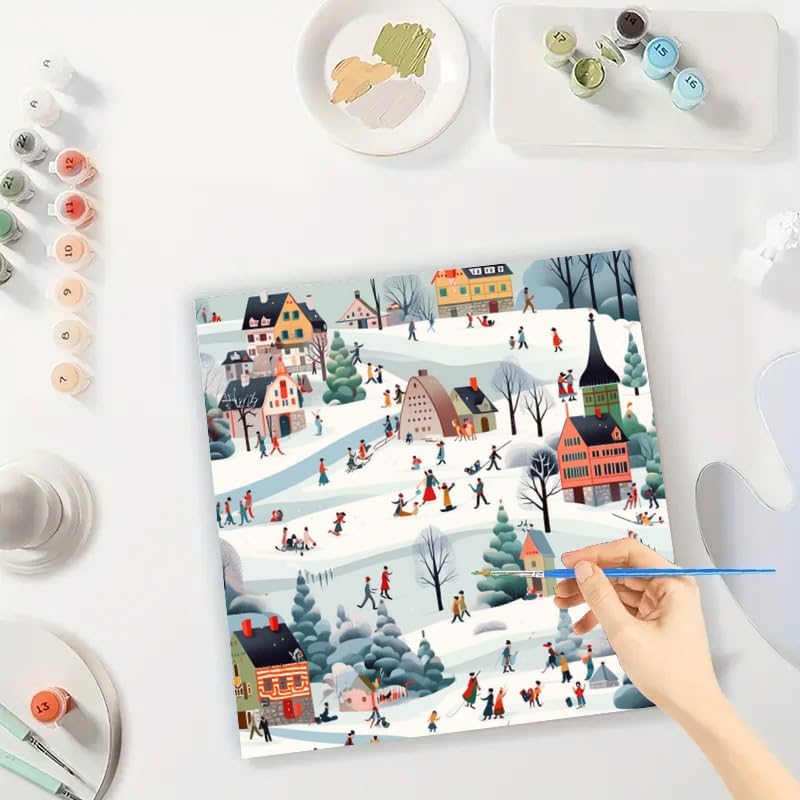 Winter Village Digital Painting Kit for Adults - DIY Holiday Snow Scene with Houses and People Oil Painting on Canvas 7.87x7.87in,Framed Acrylic Paint Kit,Good for Beginners,Festive Home Decor BST326H