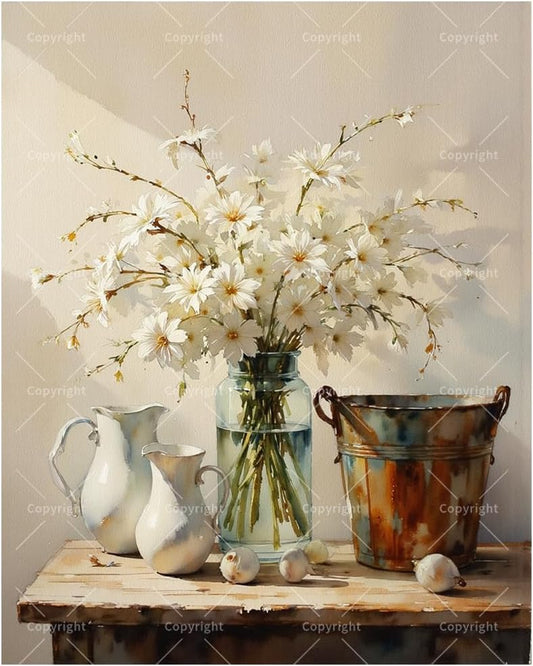 White Daisy Still Life Paint by Numbers Kit for Adults - DIY Rustic Flowers and Vintage Jug Painting on Canvas 16x20 Inches, Acrylic Paint Set, Suitable for Beginners, Floral Art for Home Decoration BST326H