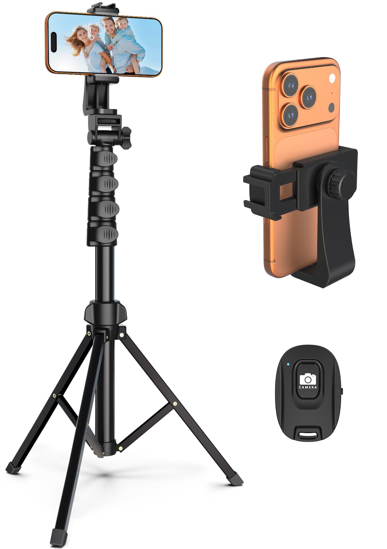Liphisy 64” Tripod for Cell Phone & Camera, Phone Tripod with Remote and Phone Holder, Sturdy & Stable Height Adjustable Multi-Angle Shot Selfie Stick Tripod for Video Recording