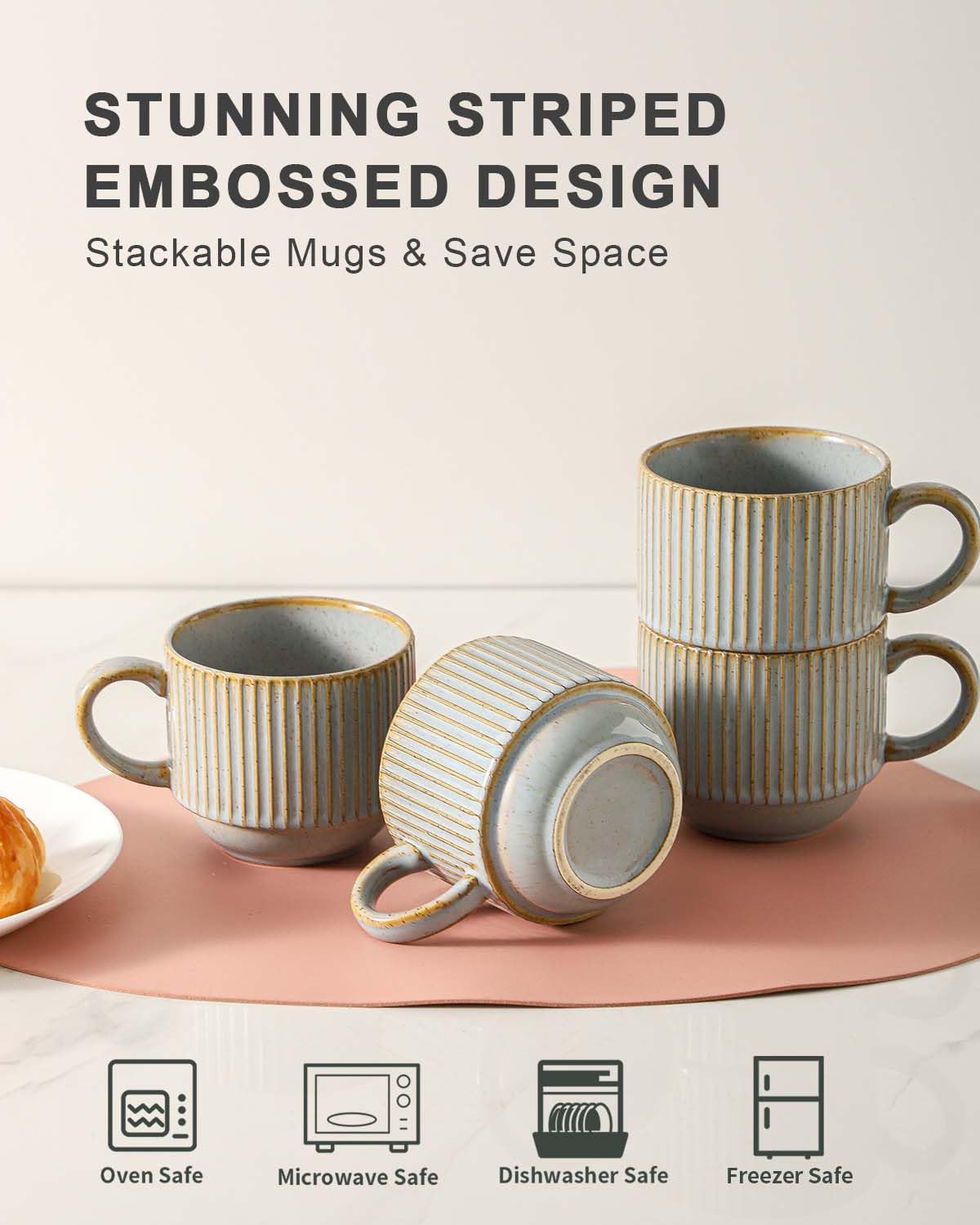 HASENSE 15 oz Ribbed Stackable Coffee Mug Set of 4, Porcelain Latte Cups with Metal Rack, Dishwasher & Microwave Safe, Cappuccino Tea Hot Cocoa, White BST220