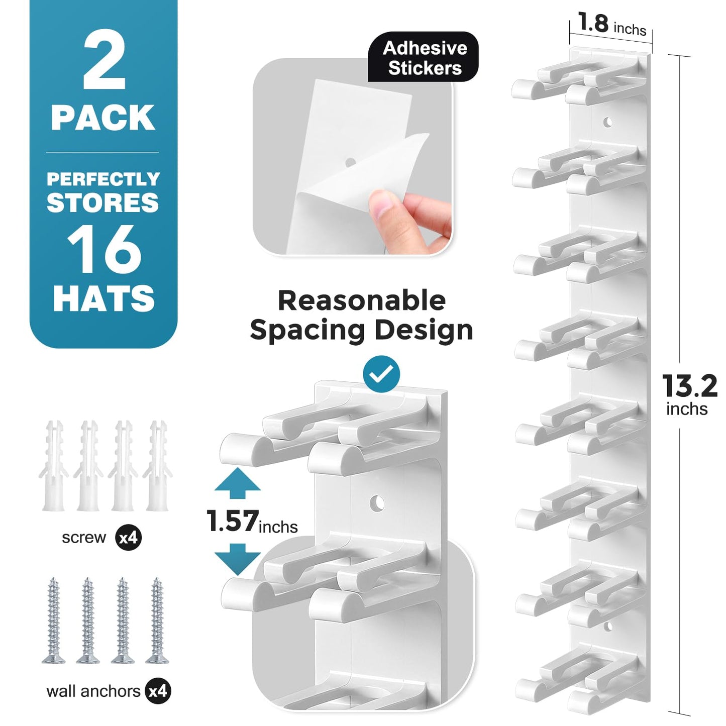 Hat Hook for Wall, 2 Pack Hat Organizer Hold up to 20 Hats,Hat Holder with Strong Adhesive and 8 Pack Screws, Cap Holder Hat Hangers for Wall Closet Door and Bedroom(B-Black) BST220