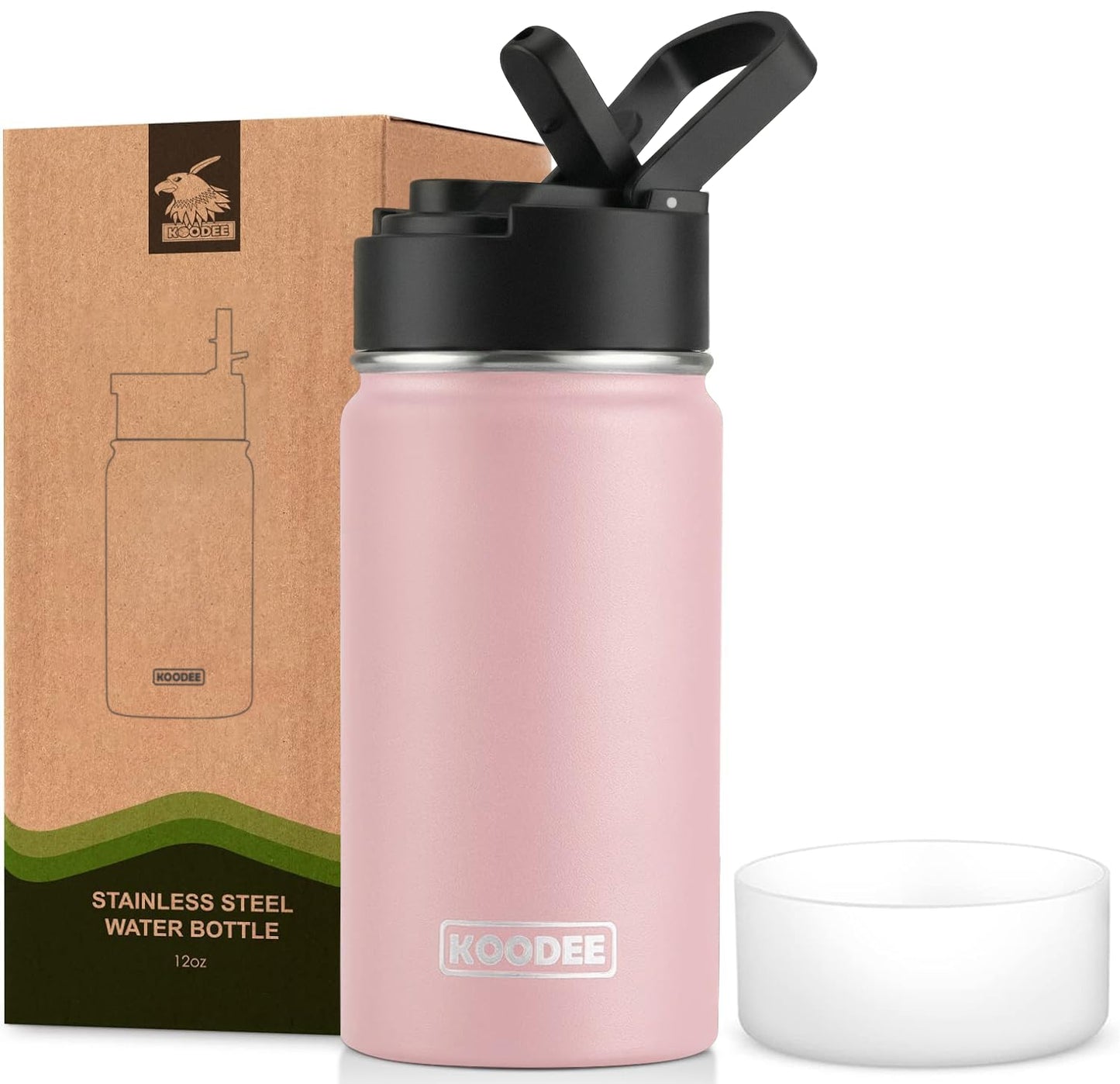 koodee Water Bottle-12 oz Stainless Steel Double Wall Vacuum Insulated Water Bottle for School-Wide Mouth Flask with Straw Lid (Teal) BST220