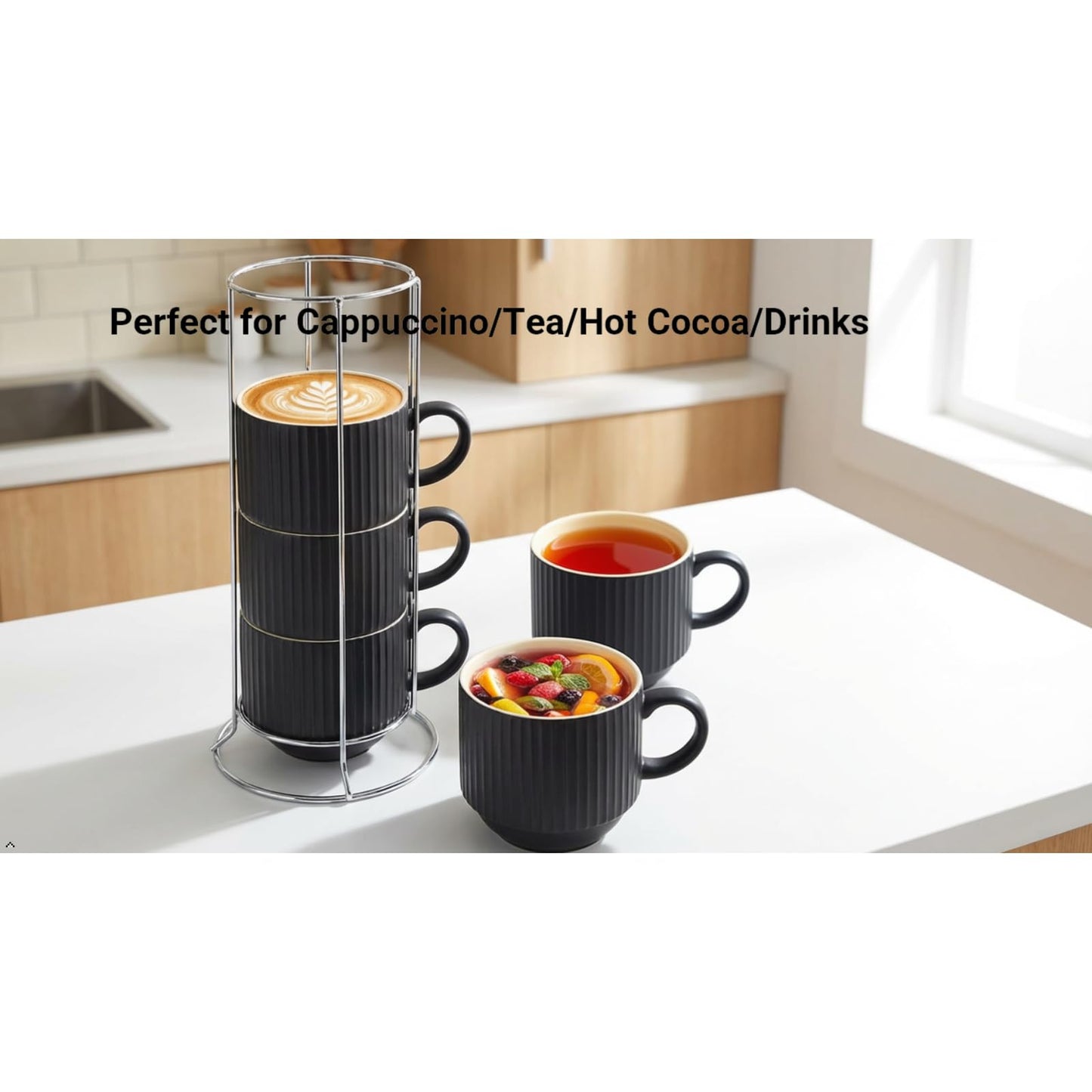 HASENSE 15 oz Ribbed Stackable Coffee Mug Set of 4, Porcelain Latte Cups with Metal Rack, Dishwasher & Microwave Safe, Cappuccino Tea Hot Cocoa, White BST220