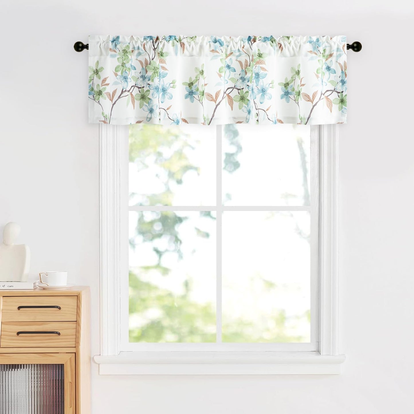 Leeva Farmhouse Kitchen Valances for Windows, Watercolor Blossoming Floral Print Curtains, Soft Faux Linen Curtain Toppers and Valances for Bedroom, 60 x 14 Inch, Brown & Grey, 1 Panel BST220