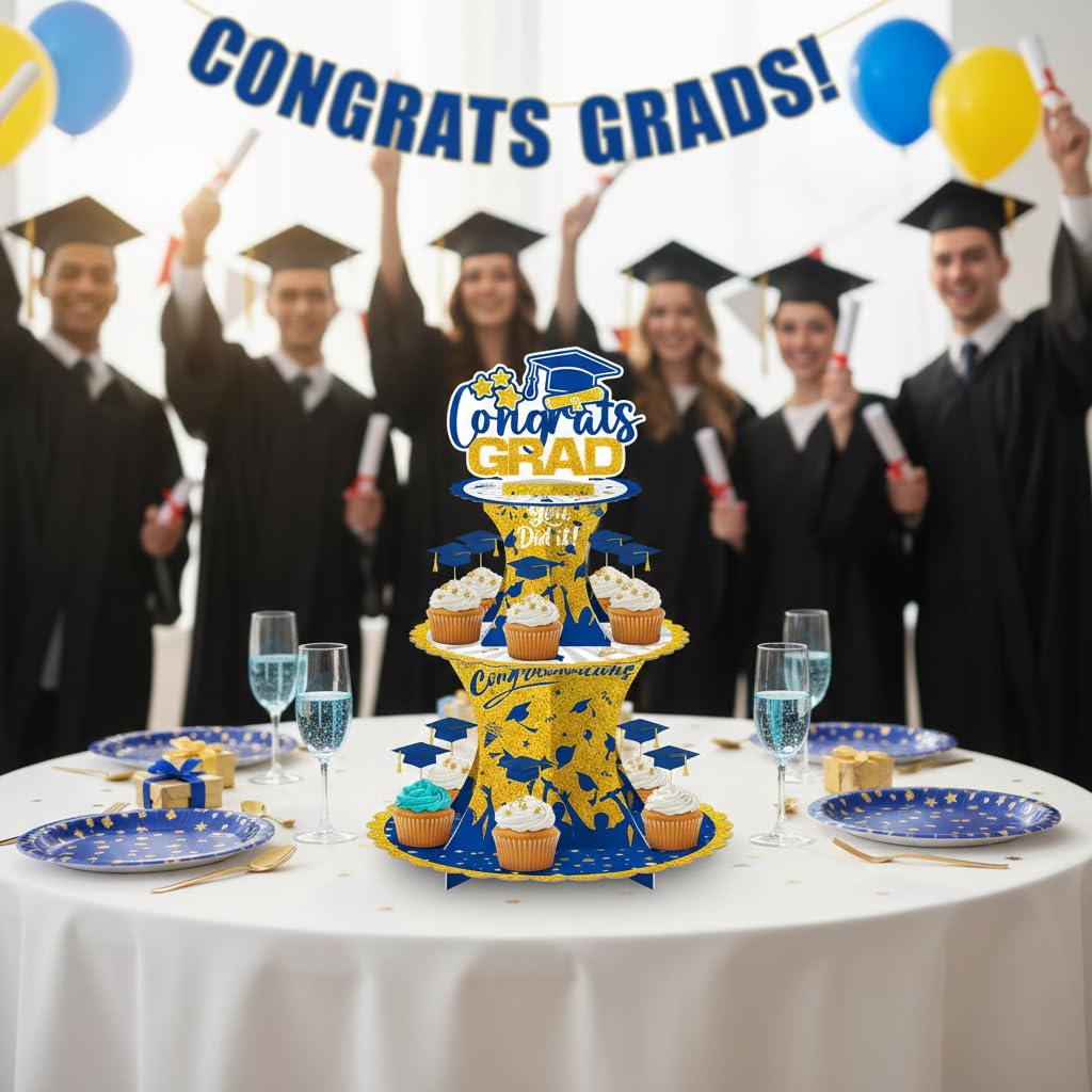 Graduation Cupcake Stand Decoration, 3 Tier Congrats Grad Party Cupcake Holder Tower, Cardboard Grad Theme Dessert Cookies Stand for Graduation Party Supplies Favors (Black & Gold) BST220