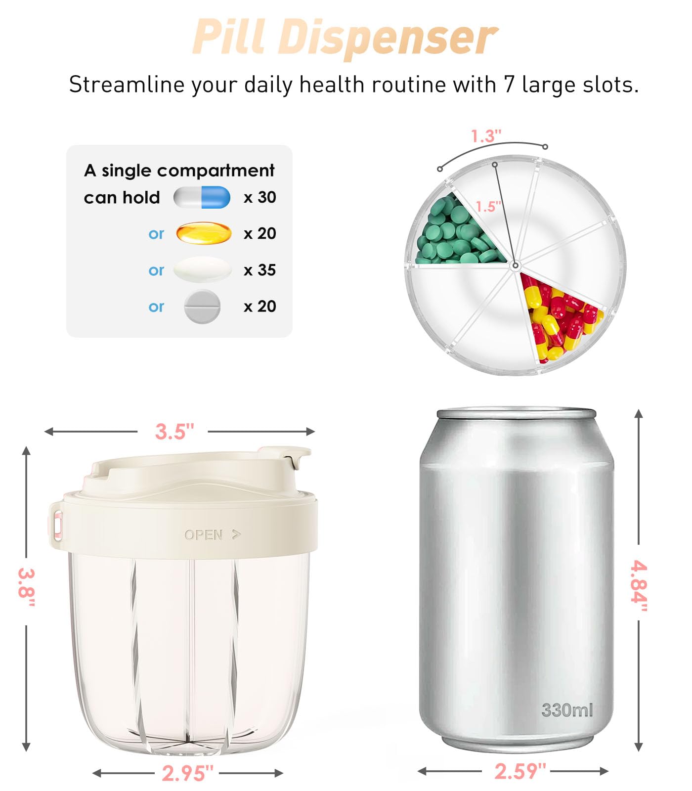 Cute Pill Organizer,Pill Dispenser with 7 Large Compartments,Portable Pill Bottle Box with Wide Opening for Easy Use, Anti-Mix Pills Organizer for Travel,Includes 20 Pcs Sticky Labels(Black) WN420