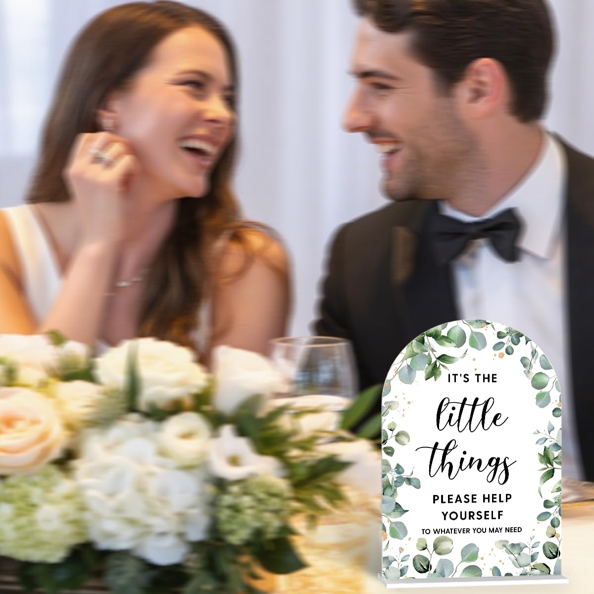 Acrylic Wedding Signs, Bubble Send Off Signs for Marriage Reception, Bridal Shower Decorations, Modern Arched Round Top Acrylic Table Top Sign with Holder for Wedding Party (White Eucalyptus Leaves) BST326L