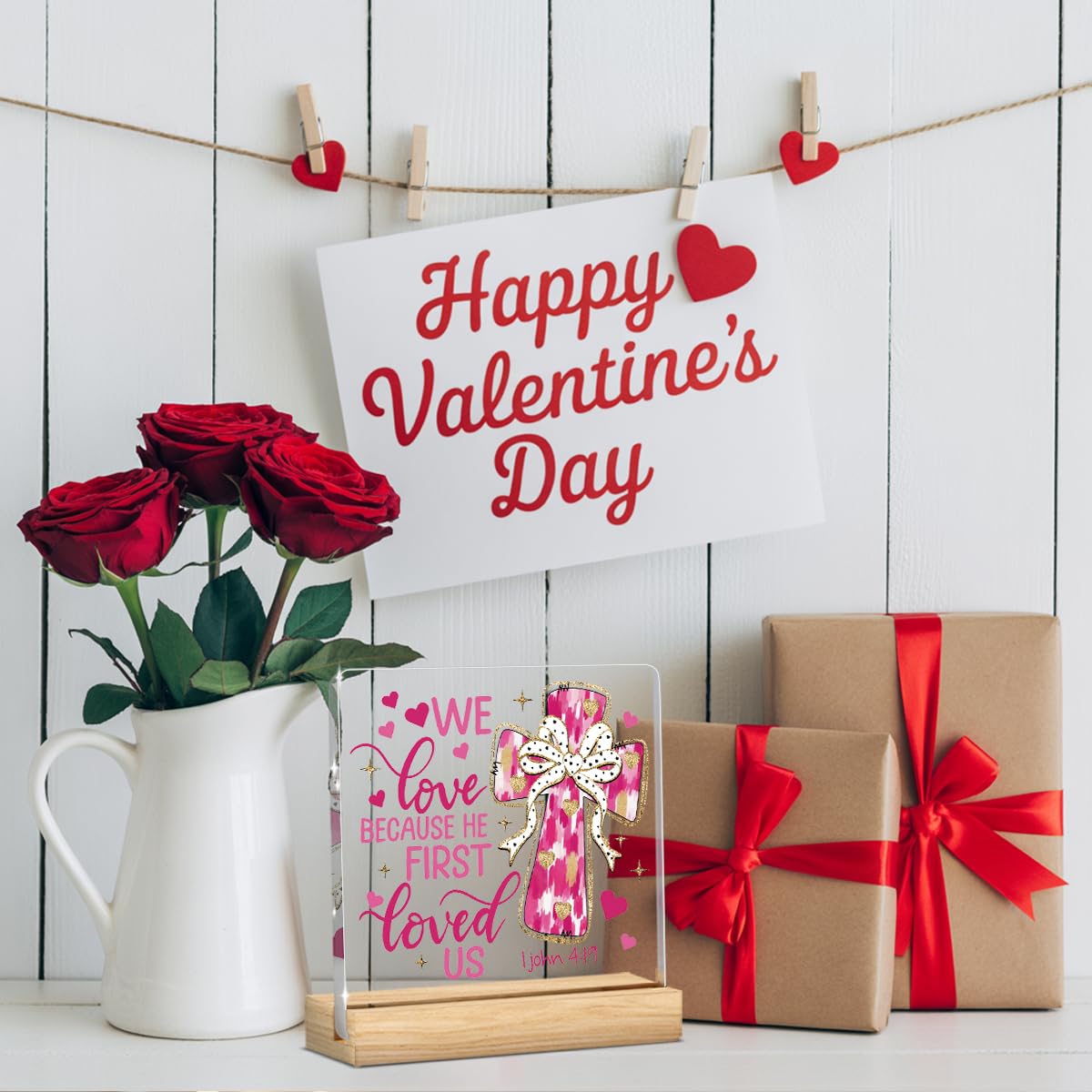 Valentines Day Decorations, Valentines Day Gifts for Her Him, Gift for Boyfriend Girlfriend Husband Wife, John 3:16 Pink Lover Bow Christian Acrylic Sign with Wooden Stand, Bedroom Office Desk Decor