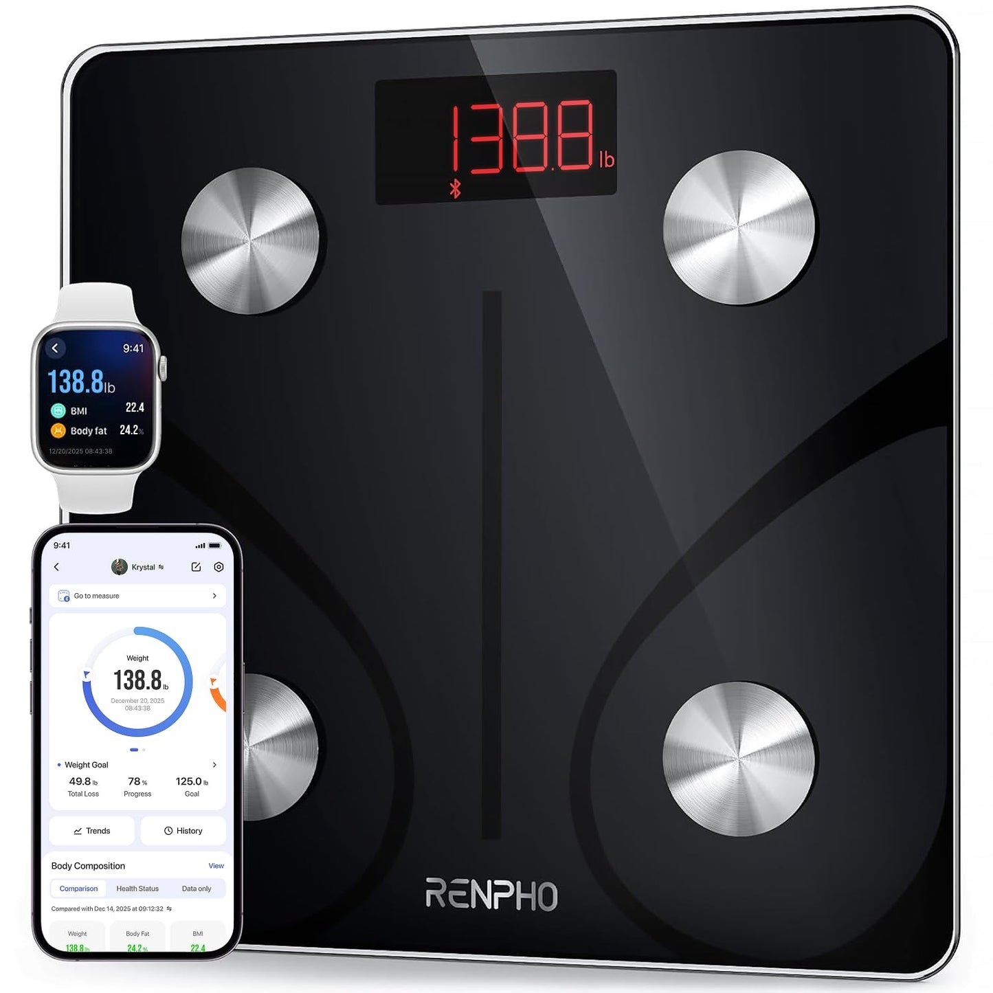 RENPHO Smart Scale for Body Weight, FSA&HSA Eligible, Bathroom Digital Scale with BMI, Body Fat, Bluetooth Fitness Equipment Sync with Apps, Accurate for Weight Loss, Home Use, 400 lbs - Elis 1