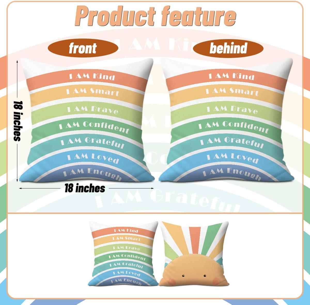 2PCs Inspirational Pillow Covers Boho Rainbow Sun Throw Pillow Covers 18x18 | Playroom Decor, Boho Sun Throw Pillow Covers, Kids Reading Nook Decor Pillowcase for Classroom Playroom Nursery BST202