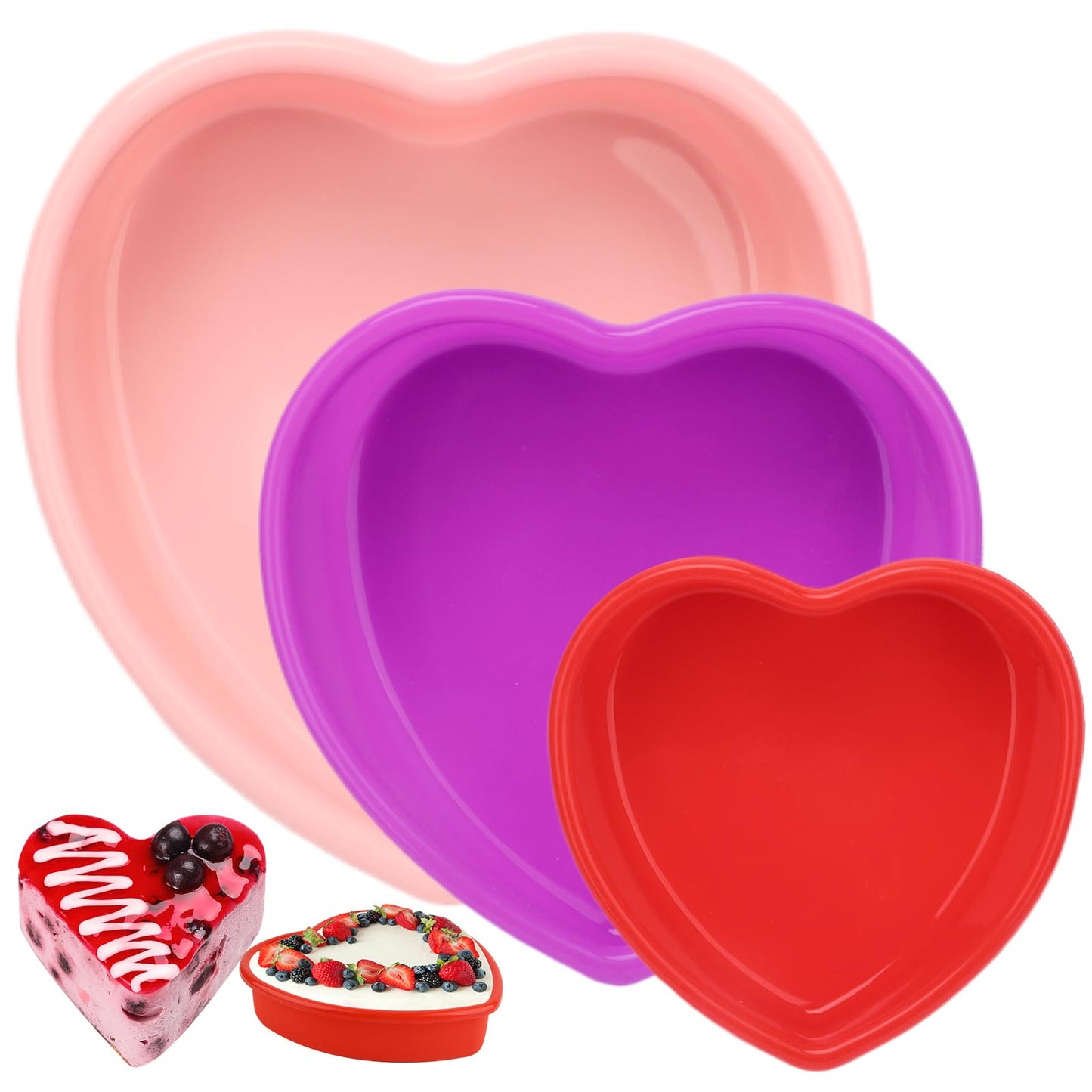 3 Pieces Silicone Heart Cake Pan, 5 8 10 inches Heart Shaped Cake Pan Nonstick Cheesecake Mold Reusable Food Grade Silicone Baking Mold for Baking Brownie Valentine Mother Wedding Birthday Day, Red BST326H