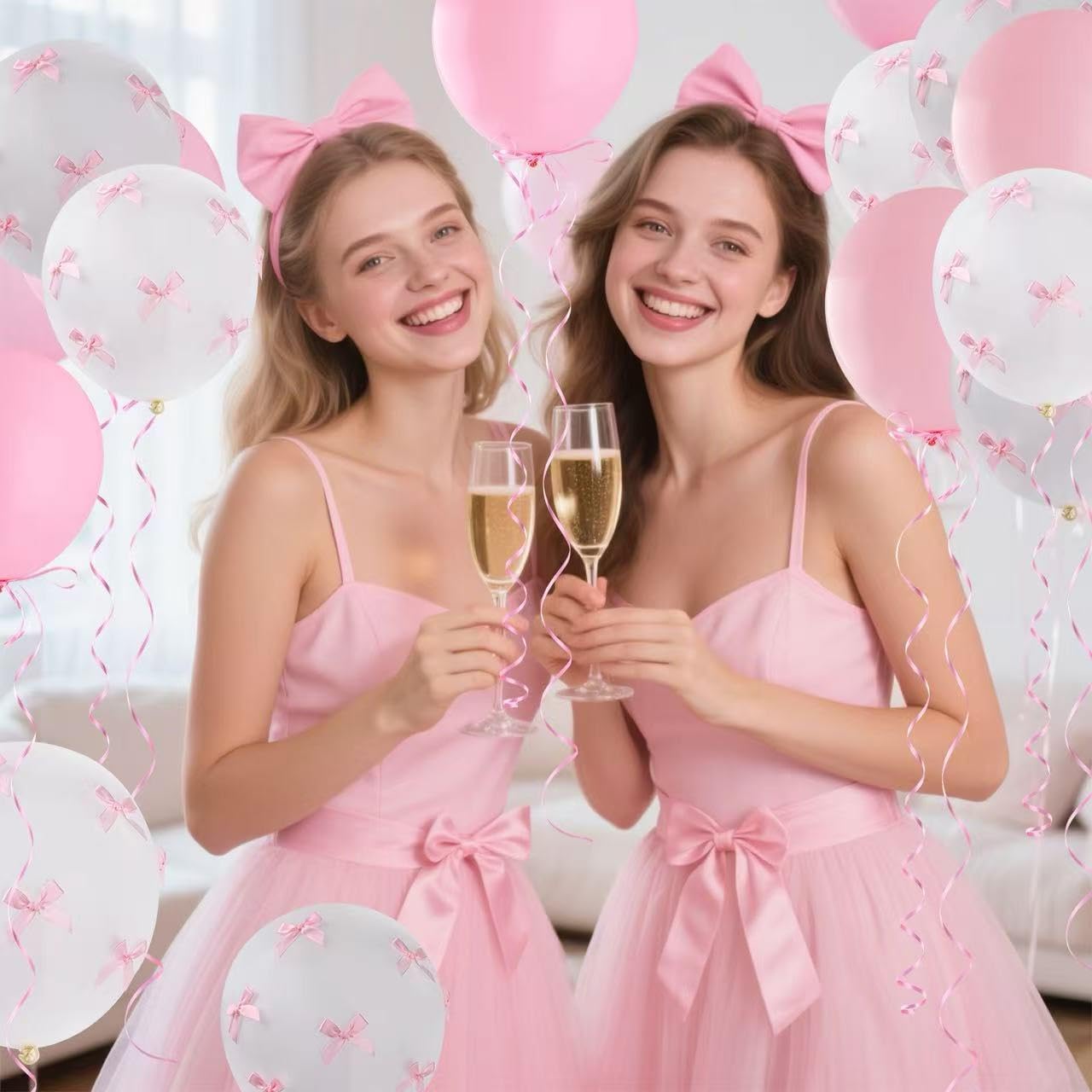 Pink Bow Balloons，32Pcs White Pink Balloons (18" & 12") & 100Pcs Mini Ribbon Bows DIY Bow Balloon Party Decor for Birthday, Wedding, Bachelorette, Anniversary Parties，Coquette Birthday Decorations BST326L