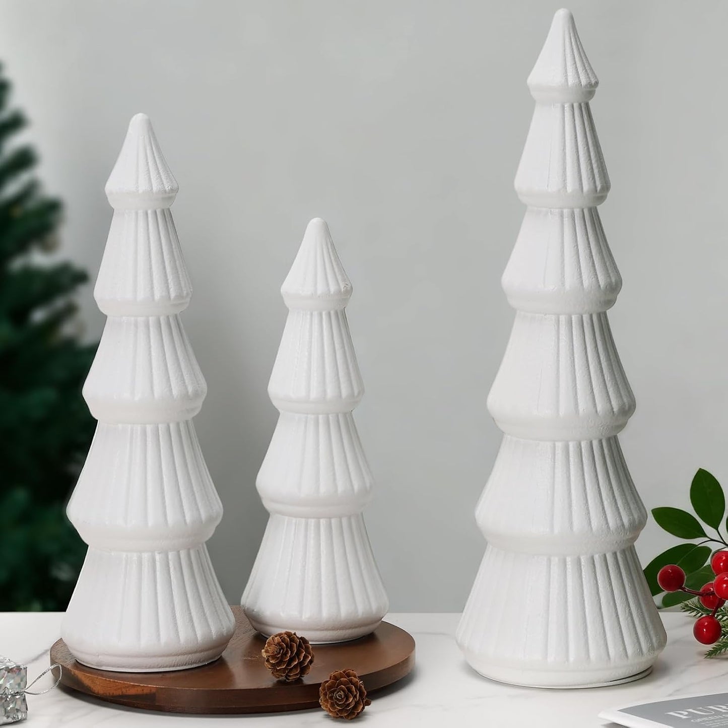 Wooden Christmas Tree Figurine, 3 Pcs Tabletop Xmas Tree, Christmas Centerpiece Decor for Home Entryway Mantel Shelf Table Fireplace Holiday (White-Wood) BST326H