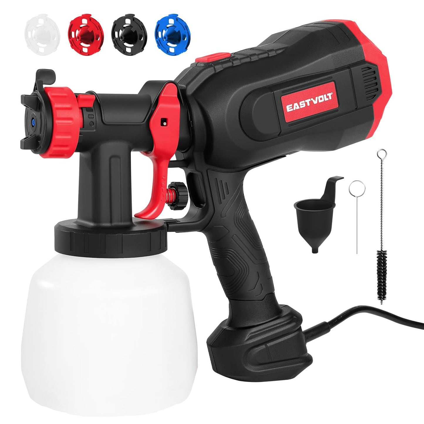 Eastvolt High Power HVLP Home Electric Spray Gun,600 Watt Paint Sprayer,4Nozzles,3 Spray Patterns with 1000ml Container,Viscosity Measuring Cup and Cleaning Set,EVSG01