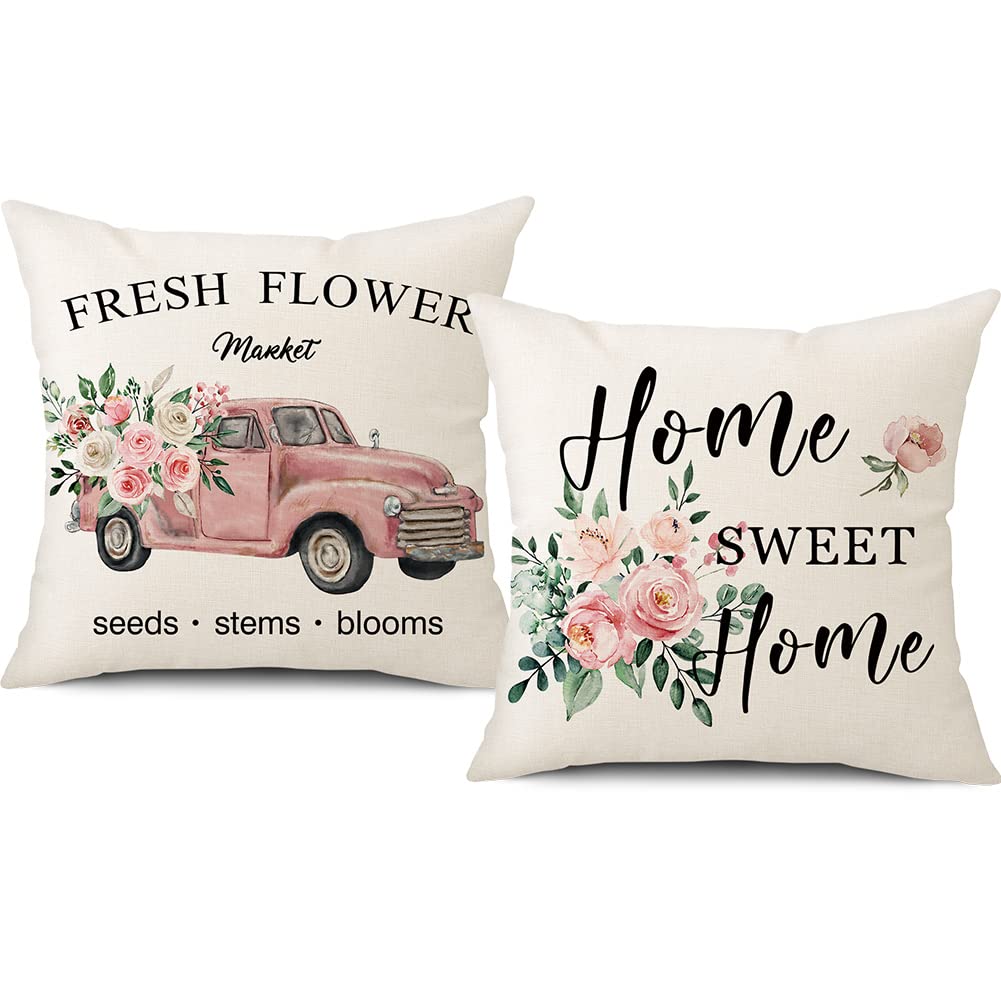 Spring Easter Pillow Covers 18x18 Set of 2 Rabbit Bunny Carrot Truck Spring Flowers Decorative Throw Pillow Covers for Home Office Sofa Bed Couch BST326L