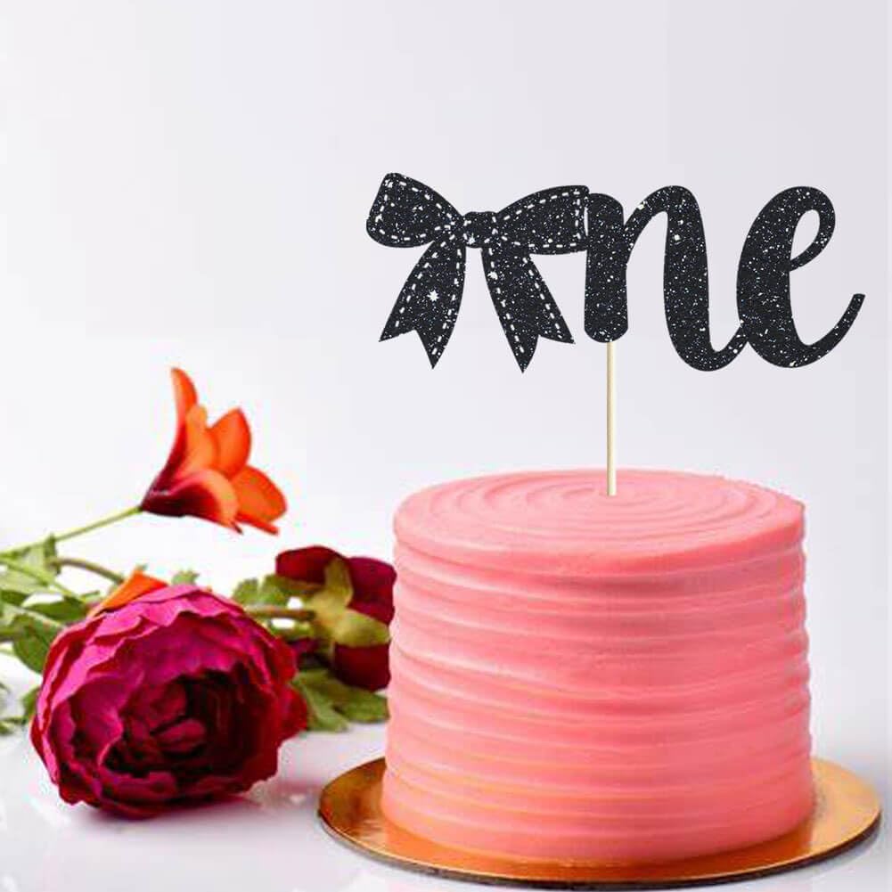 Bow 1st Birthday Cake Topper Black Glitter Bow Tie One Cake Topper Coquette One Cake Decorations for Girls Women Princess Baby Shower One Year Old Birthday Party Photo Smash Props BST220