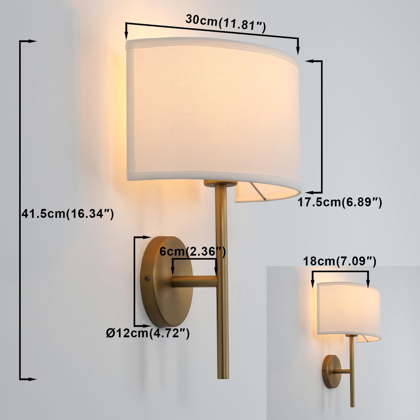 Yosoan Fabric Wall Sconce Indoor Bedside Wall Lamp Fixture, Vintage Industrial Hardwired Boho Semi Circular with White Half Moon Shade for Reading Bedroom Living Room Dinning Room(Antique)