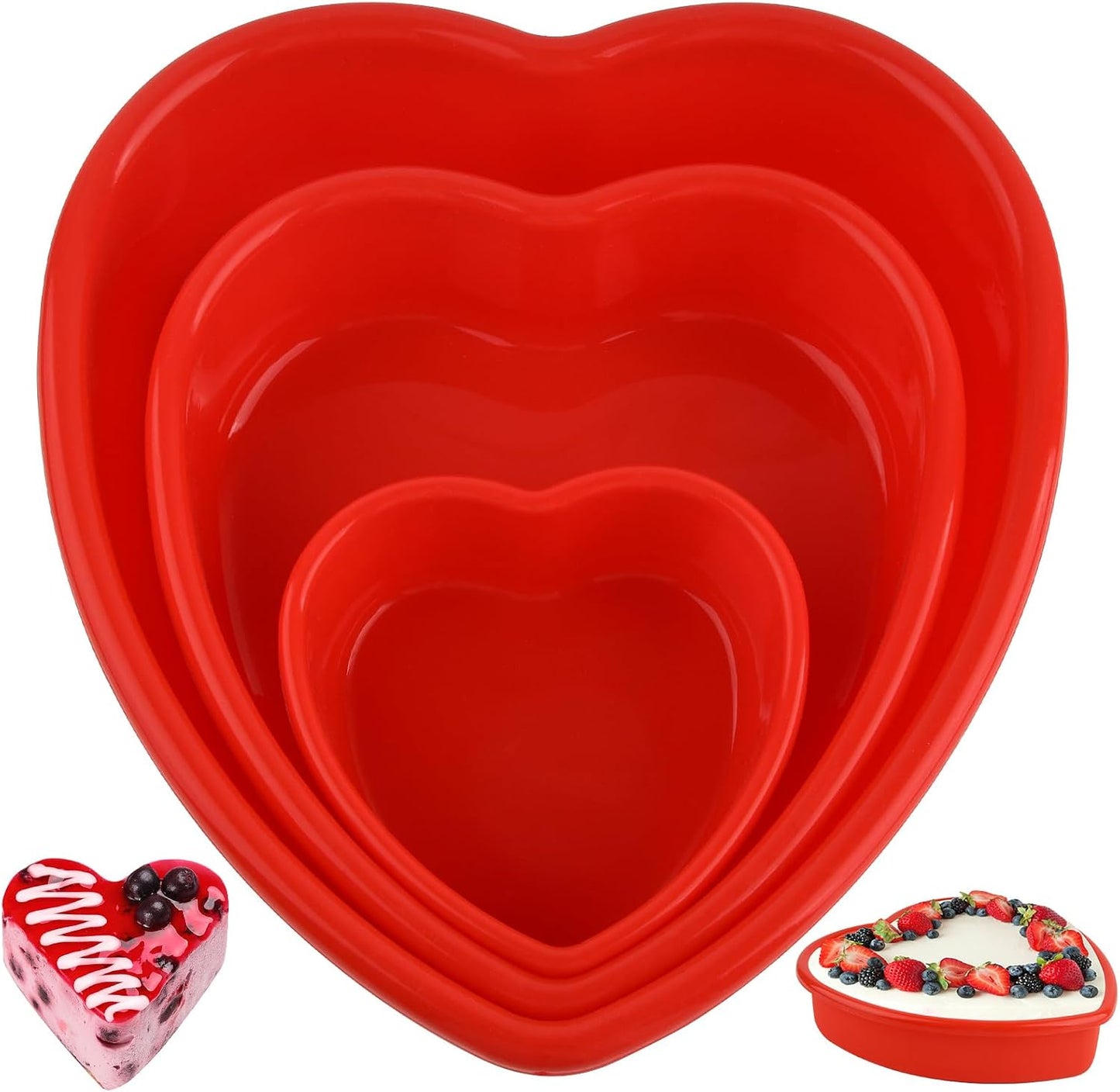3 Pieces Silicone Heart Cake Pan, 5 8 10 inches Heart Shaped Cake Pan Nonstick Cheesecake Mold Reusable Food Grade Silicone Baking Mold for Baking Brownie Valentine Mother Wedding Birthday Day, Red BST326H