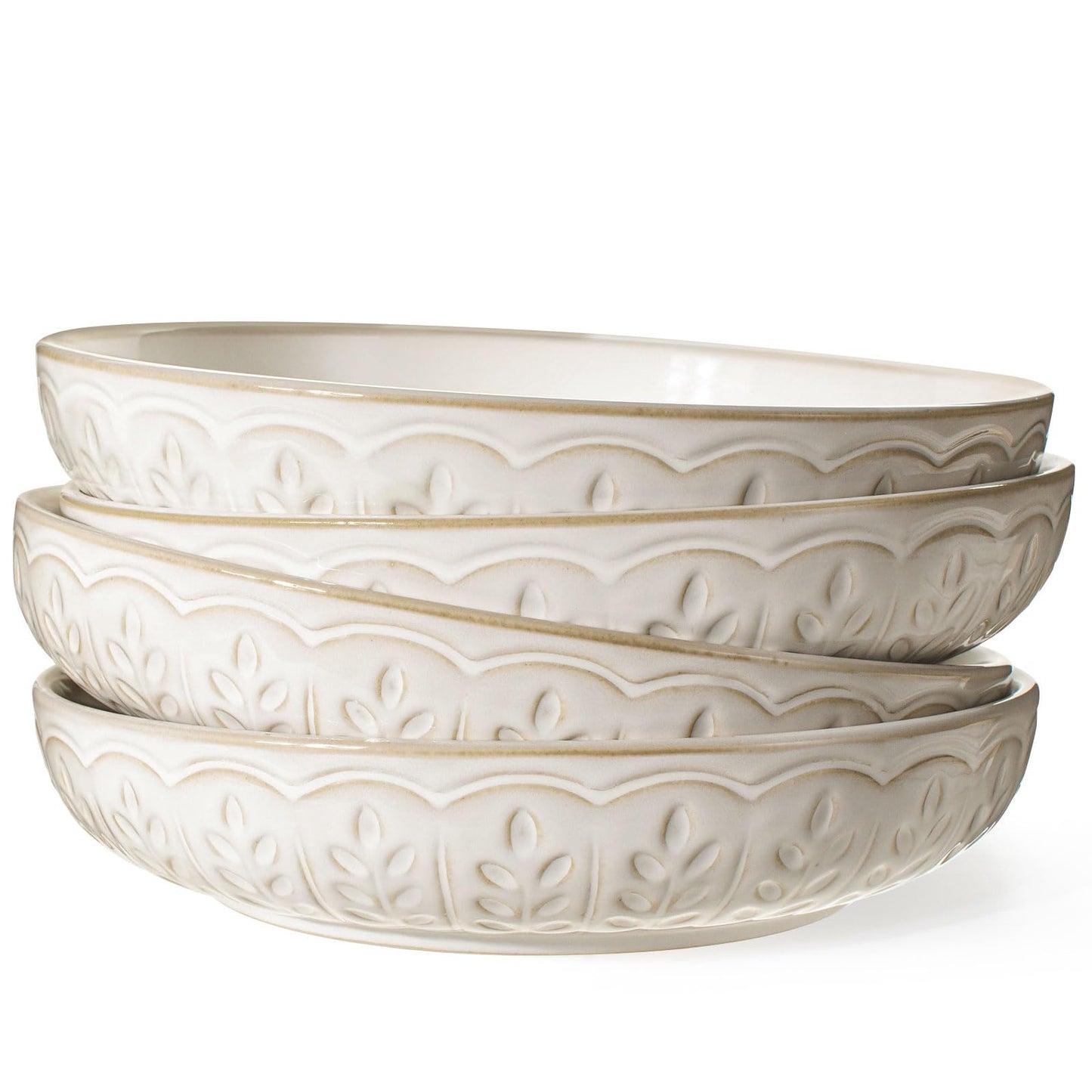 Artena Pasta Bowls, 50oz Large Salad Serving Bowls, 9.75'' Plates Bowls Set of 4, Big White Ceramic Soup Bowls for Kitchen, Embossment Shallow Dinner Bowl, Microwave Dishwasher Safe, Willow Leaf BST326H